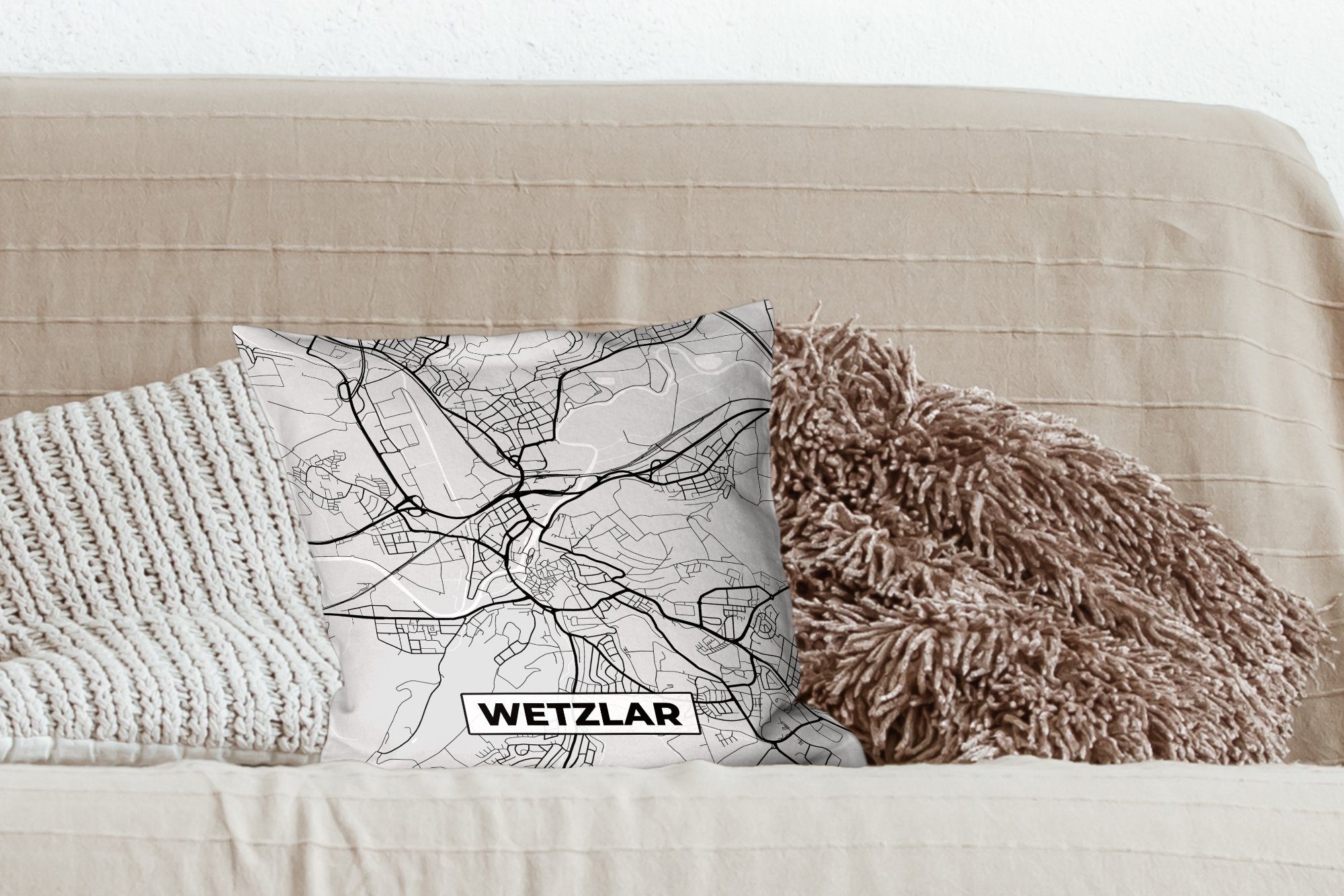 MuchoWow Dekokissen Karte mit Stadtplan Sofakissen Wetzlar, - Zierkissen - Deutschland Füllung Schlafzimmer, Wohzimmer, Deko, für 