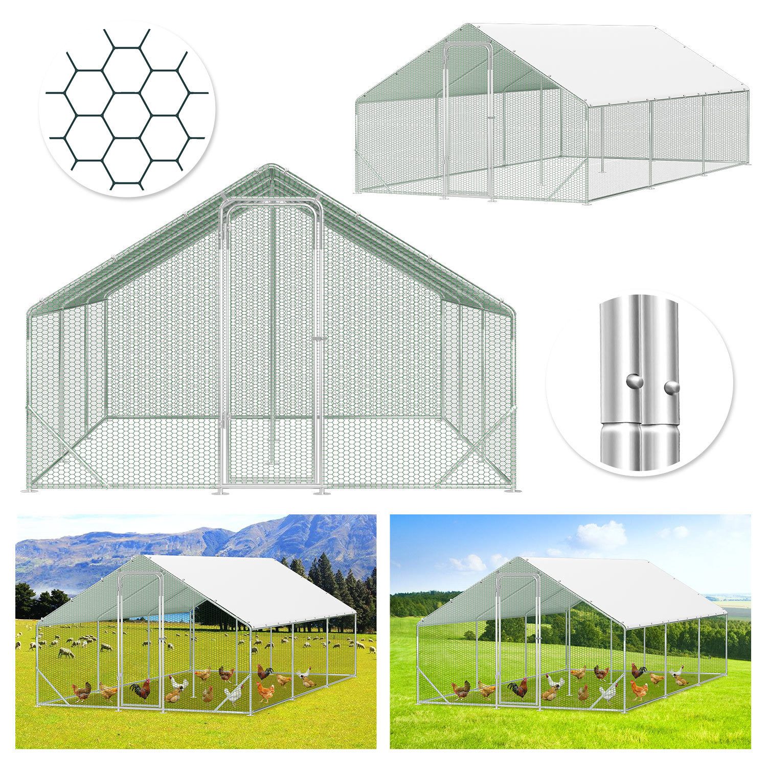 Clanmacy Hühnerstall Freilaufgehege 3x6x2m Hühnerstall verzinkt mit PE-Regendach, Verzinkter Rahmen, PE-Dach, PVC-beschichtetes Drahtnetz von Clanmacy
