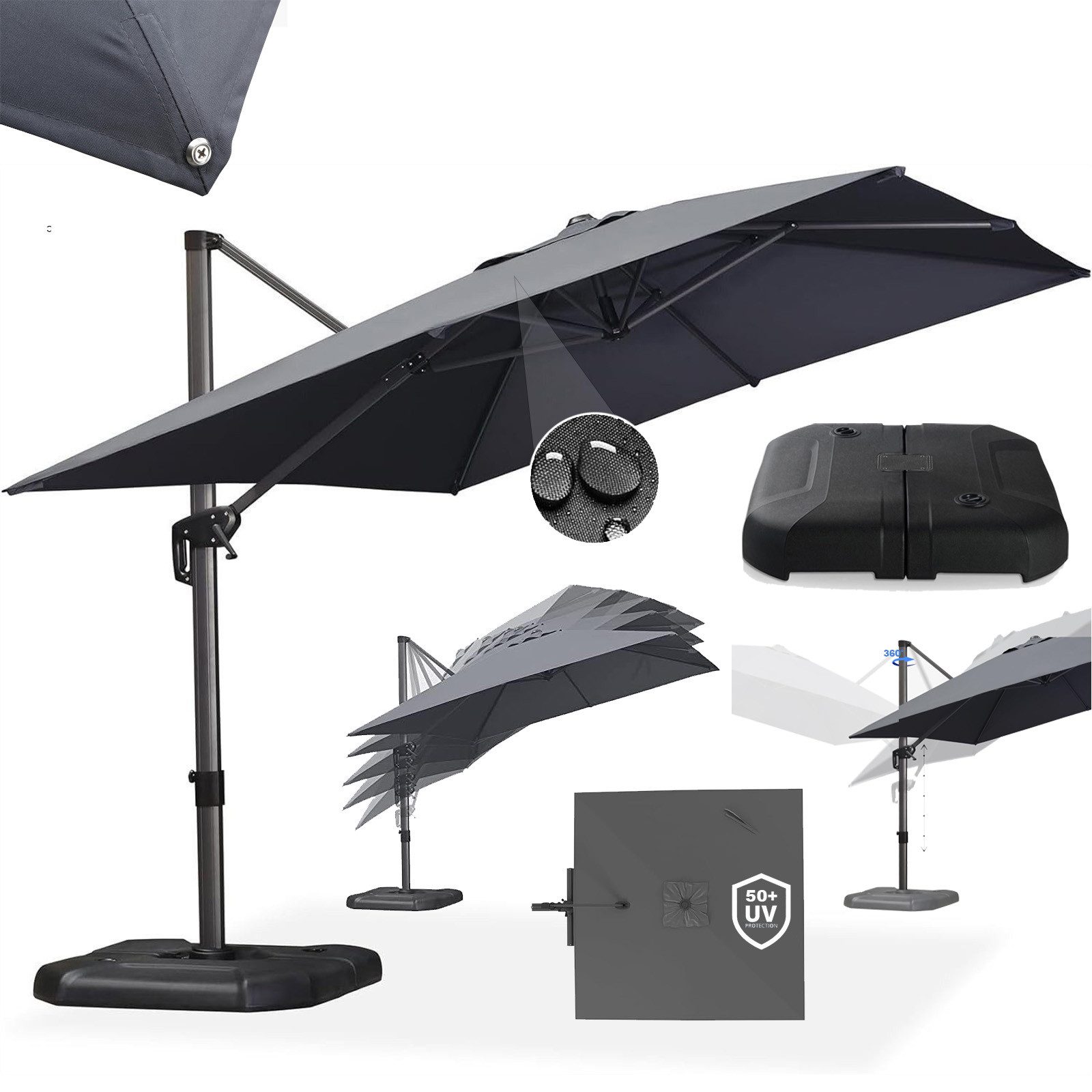 PURPLE LEAF Sonnenschirm Rechteck Alu Außenbereich Ampelschirm mit Schirmständer, LxB: 350,00x270,00 cm, Set, 360°Rotation, Sonnenschutz UV50+, für Garten, Terrasse, Pool, Balkon