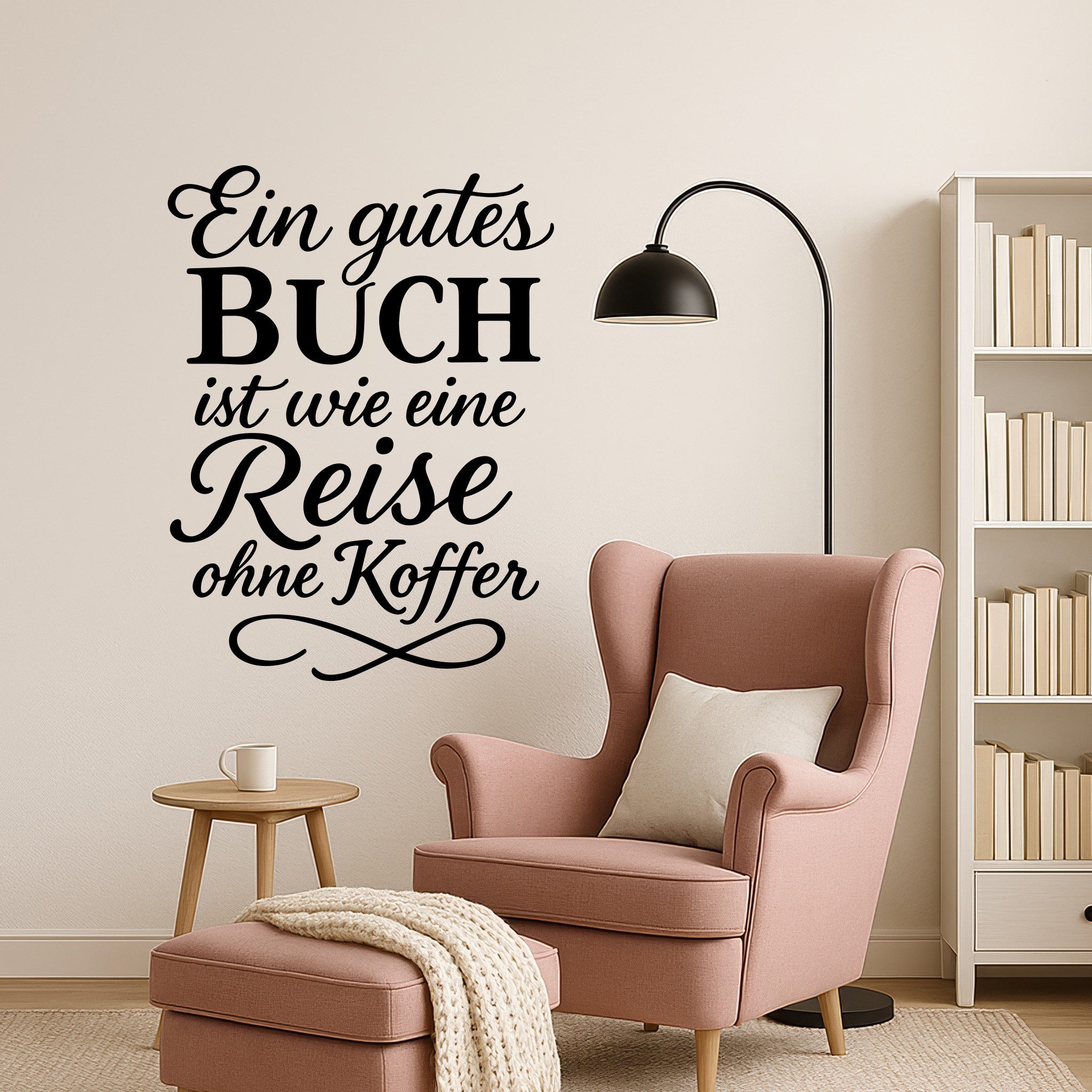 Sunnywall Wandspruch Wandtattoo Spruch – Ein gutes Buch ist wie eine Reise ohne Koffer, selbstklebend, konturgeschnitten, rückstandslos entfernbar
