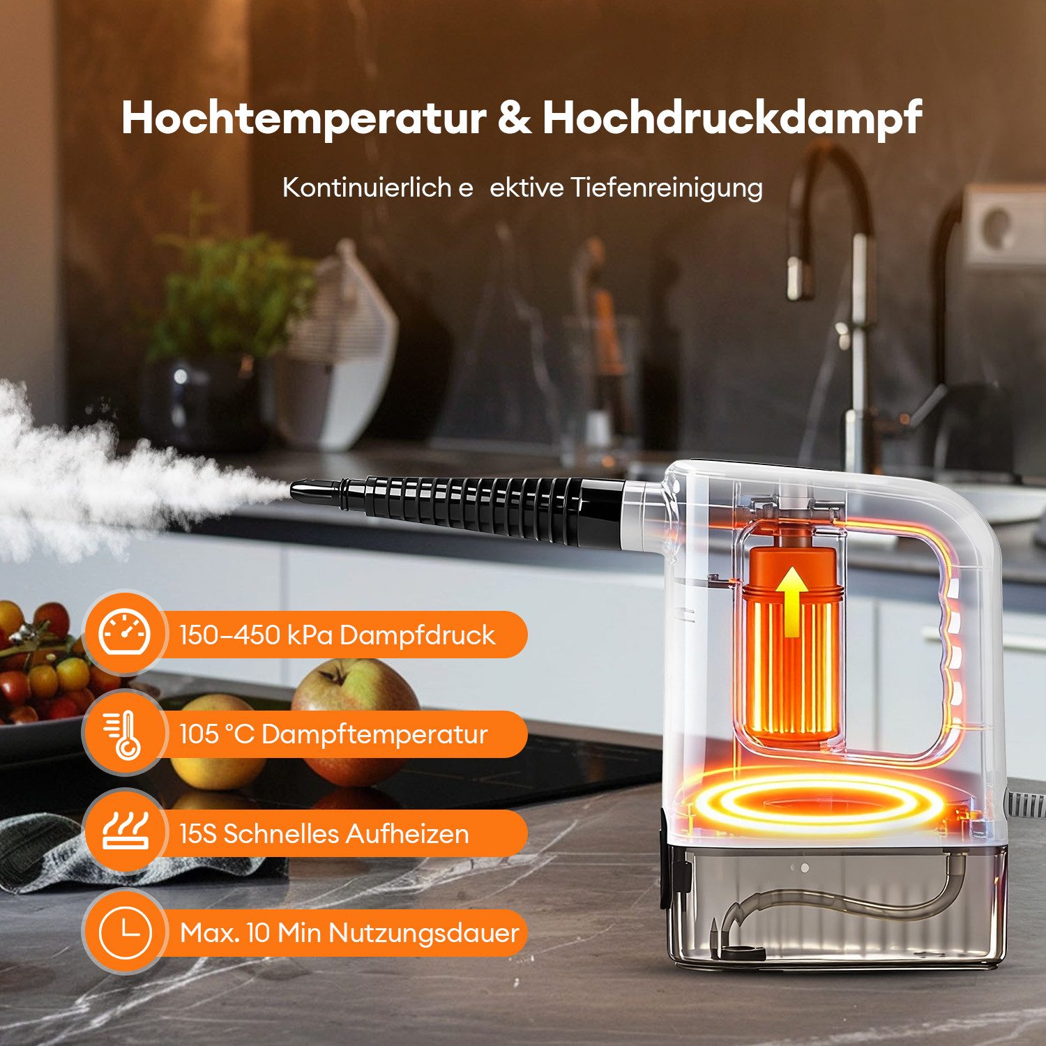 CkeyiN Handdampfreiniger Mehrzweck-Dampfreiniger 15s Aufheizzeit 150-450 Kpa Dampf 3 Stufe, 1200 W, mit 400-ml-Wassertank 13 Zubehörteilen gegen Fett-und Kalkablagerungen