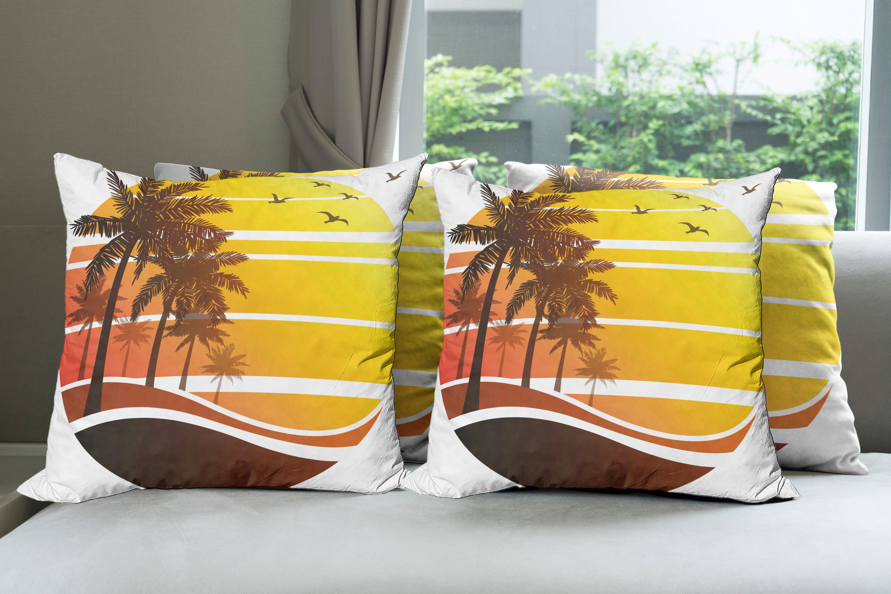 (4 Kissenbezüge Accent Abakuhaus Tropisch Digitaldruck, Stück), Doppelseitiger Vögel Modern Strand-Palmen