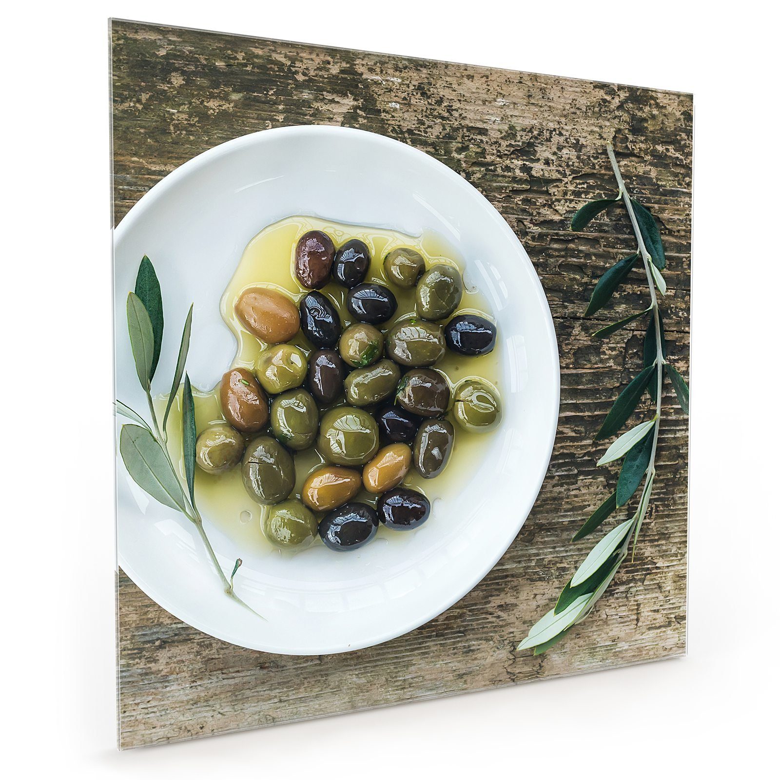 Primedeco Küchenrückwand Küchenrückwand Spritzschutz Glas mit in Oliven Motiv Schale