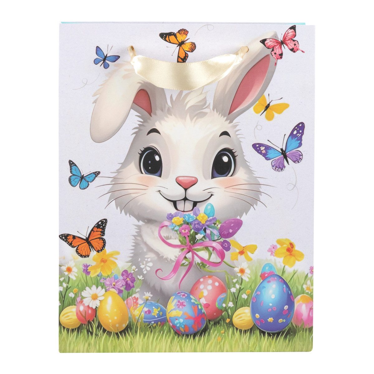 Idena Tragetasche Geschenktasche Ostern - Hase, weiß mit Eiern, 18 x 23 x 8 cm