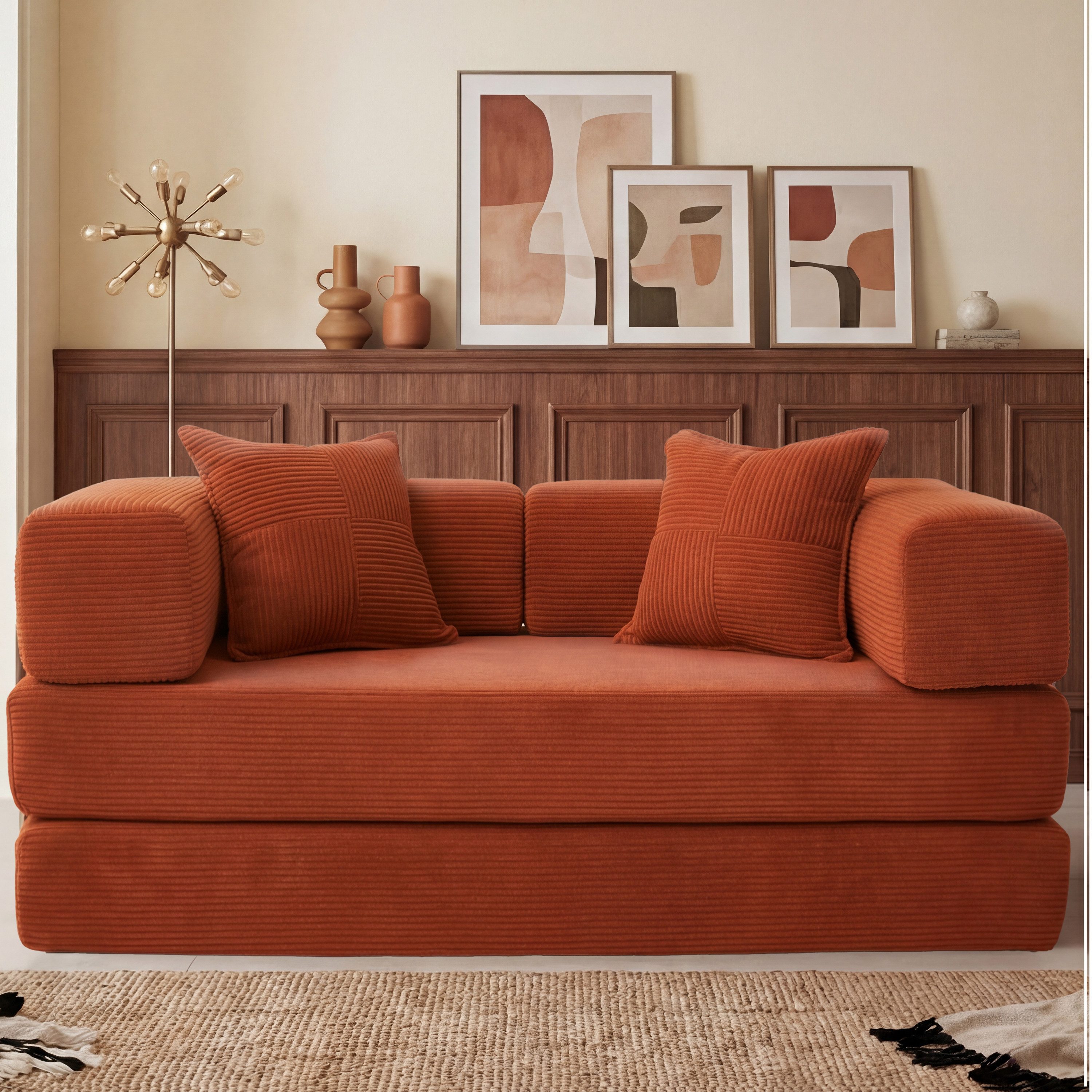 Vipbear Sofa 5-in-1 Wandelsofa aus Cord, Modulares Bodensofa, 2-sitzer, 1 Teile, montagefrei, Orange