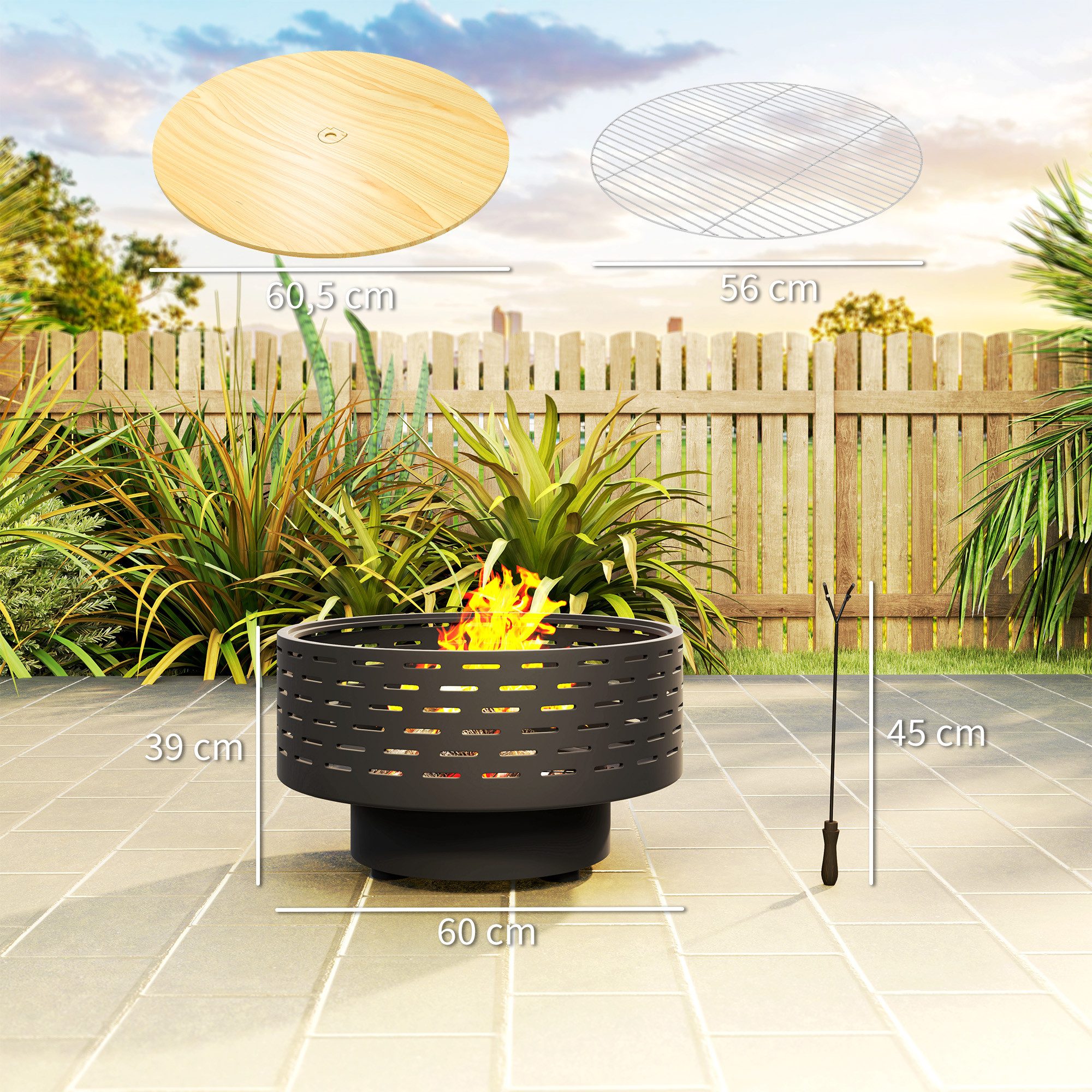 Outsunny Feuerschale Ø60 x 39cm, mit Grillrost, Schürhaken, Funkenschutz in Holzoptik, (3-in-1 Feuerstelle, 1-St., Feuerschalen aus Edelstahl), für Garten, Balkon Terrasse, Outdoor BBQ Camping, Kohlegrau