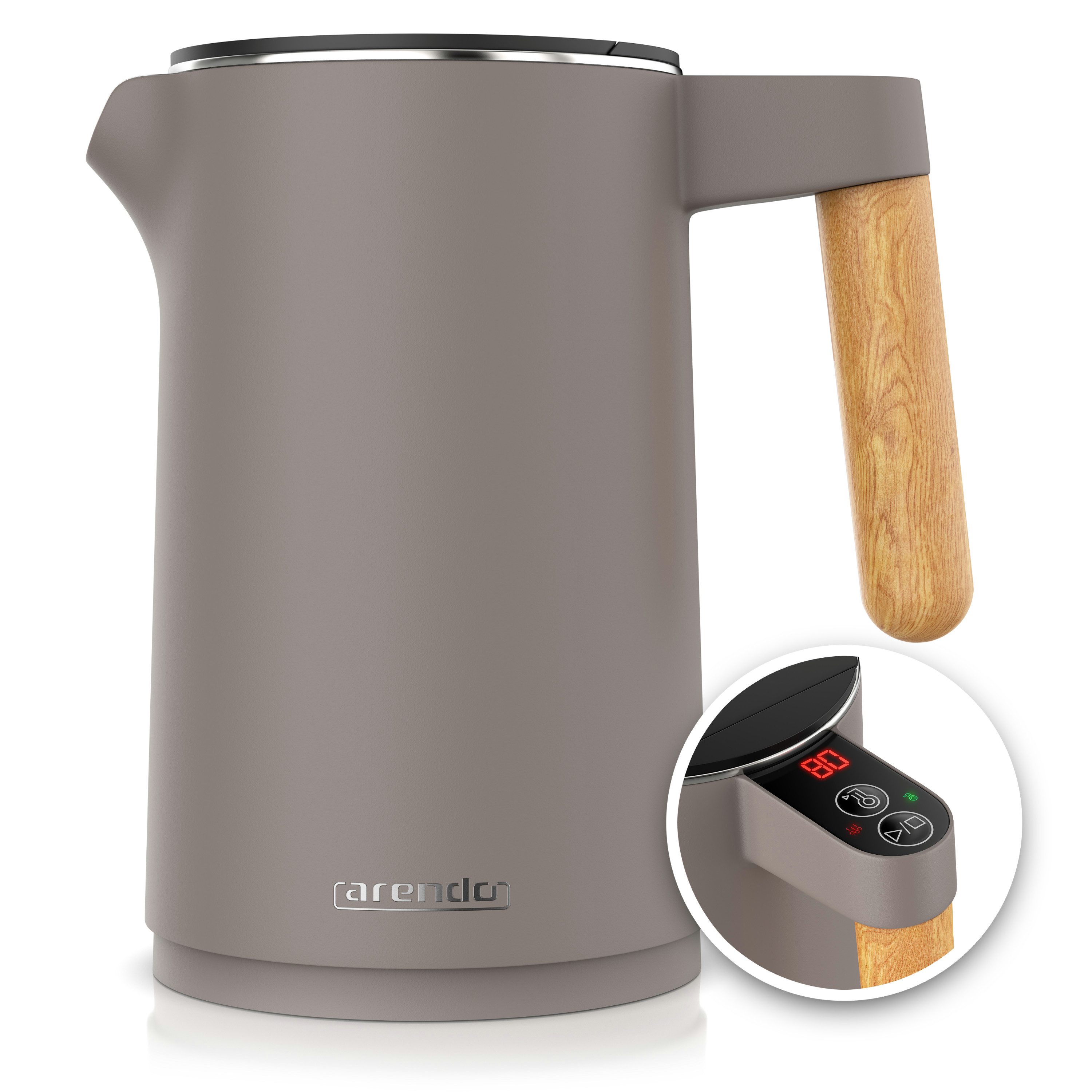 Arendo Wasserkocher Edelstahl, Temperatureinstellung 40° - 100 °C mit Anzeige, Doppelwand, 1,5 l, 2200 W, Warmhaltefunktion, 360° Basis, mit Griff in Holzoptik, BPA-frei