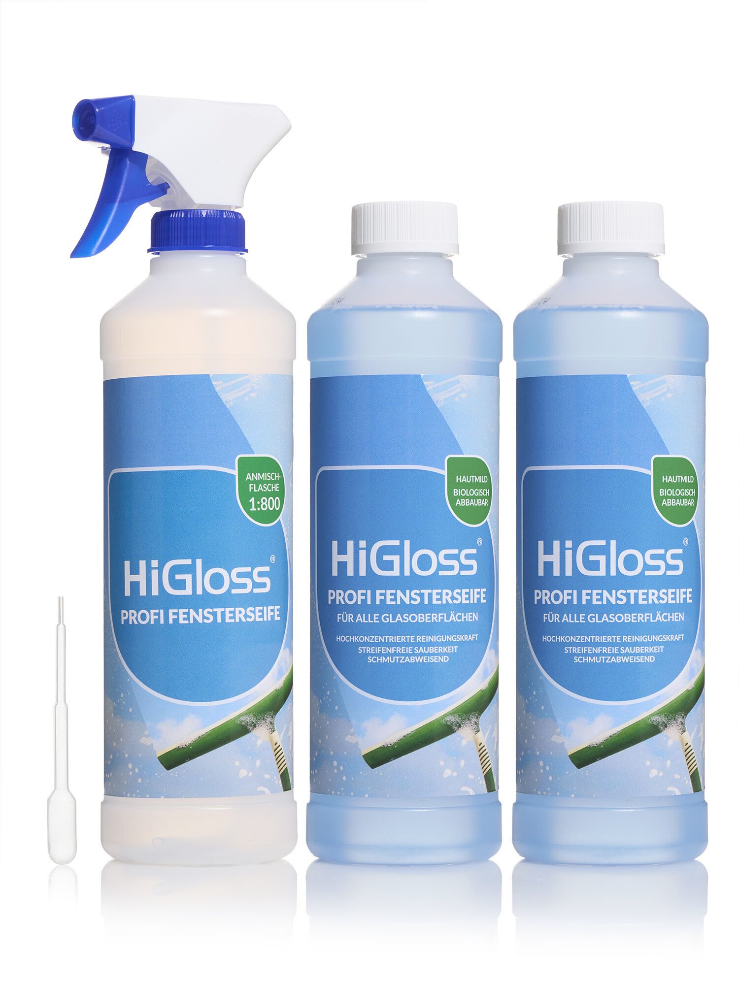 HiGloss Profi Fensterseife Glasreiniger (2x 500ml, Leerflasche & Sprüher Hochkonzentriert, Glasreiniger, Lotuseffekt, streifenfreier Glanz)