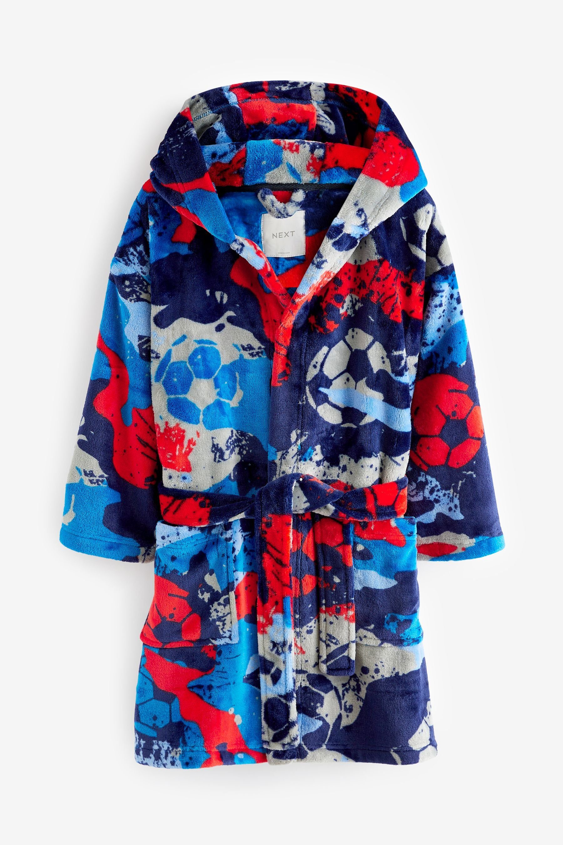 Polyester Polyester aus Kinderbademantel Blue/Red Bademantel Navy Fleece, Football (recycelt), Next