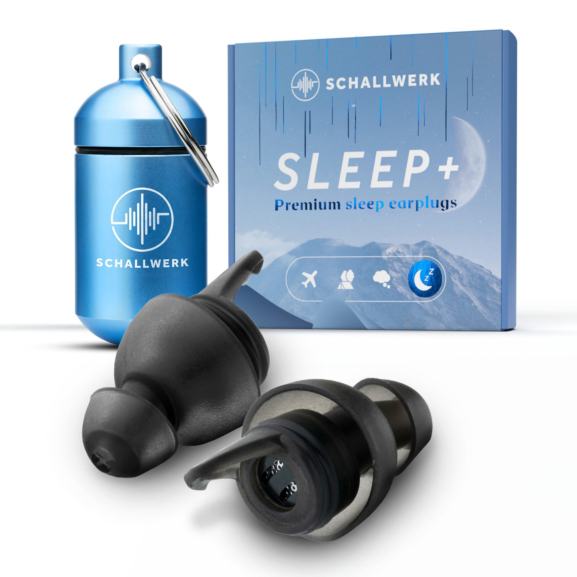 Schallwerk Gehörschutzstöpsel Sleep+ Ohrstöpsel zum Schlafen mit Filter, gegen Schnarchen und Lärm, SNR 22 dB nach EN 352-2:2020, flach für Seitenschläfer, mit Alu-Dose