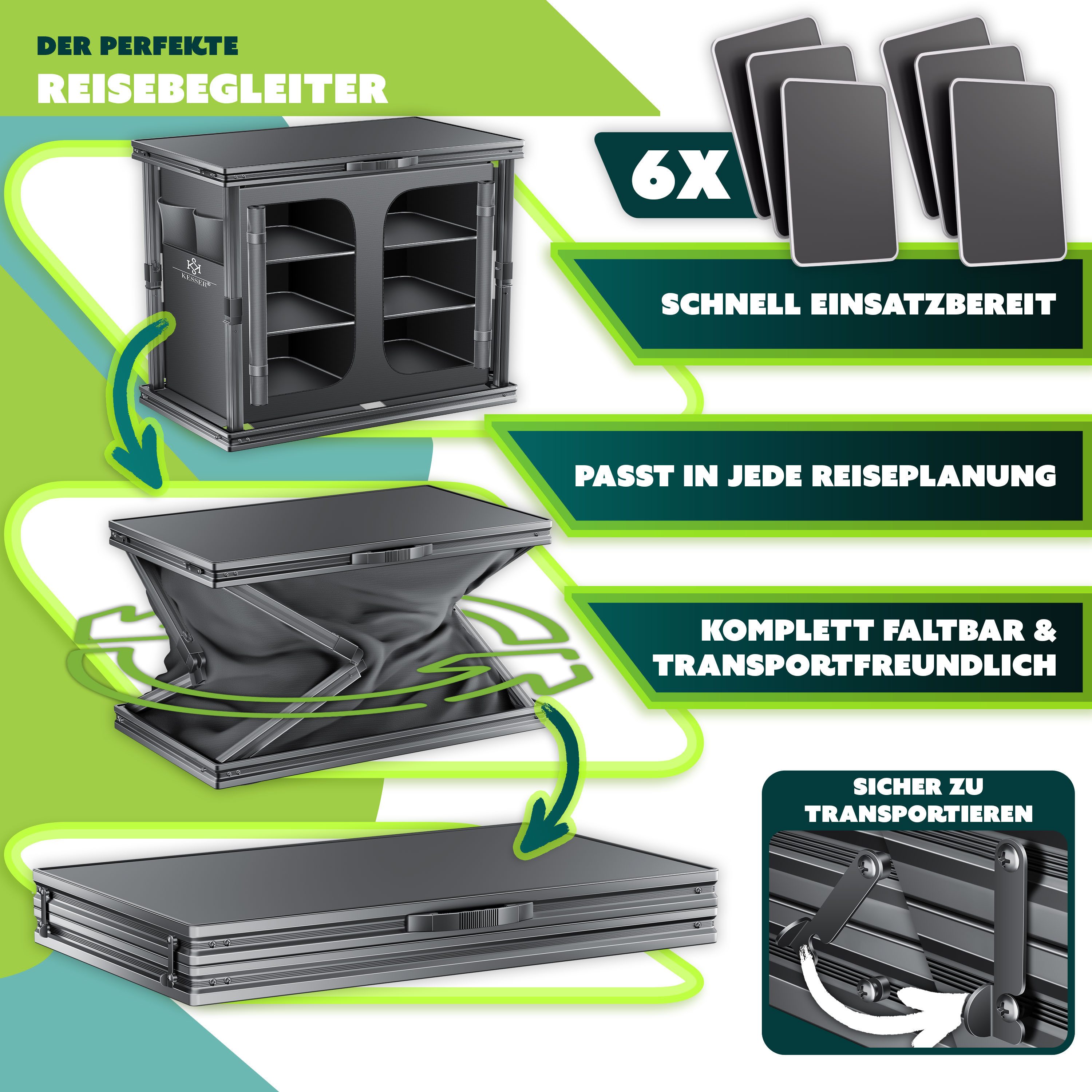 KESSER Campingschrank mit Aluminiumgestell Campingküche faltbar 84x80cm 6-Fachböden (Küchenschrank inkl. 4er Becherset, Seitentaschen & Fliegengitter) Outdoor C – Bild 4 von 5