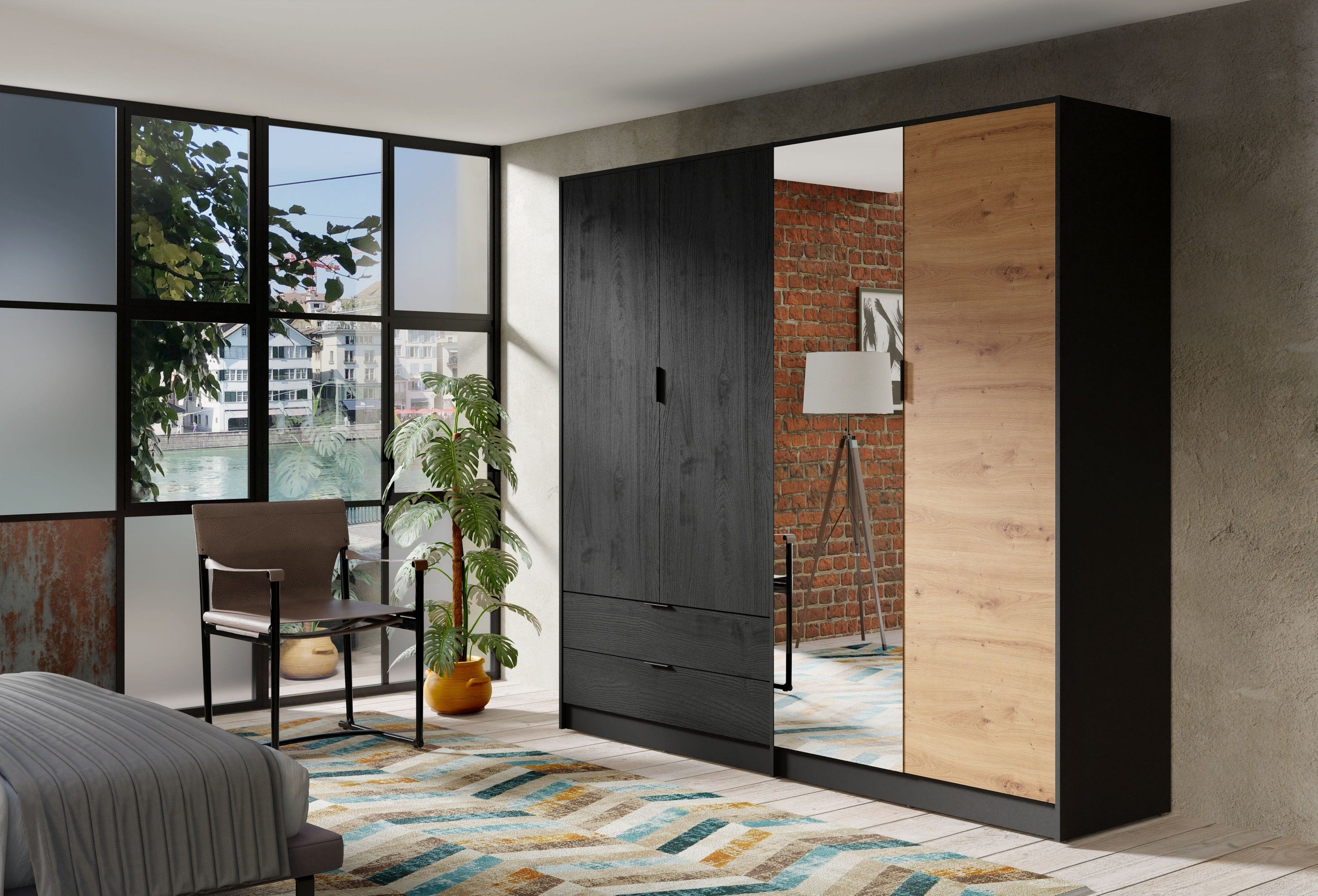 Masseno Drehtürenschrank ZETRAL 220,2 cm Kleiderschrank mit Spiegel 4 Türen Eiche Artisan