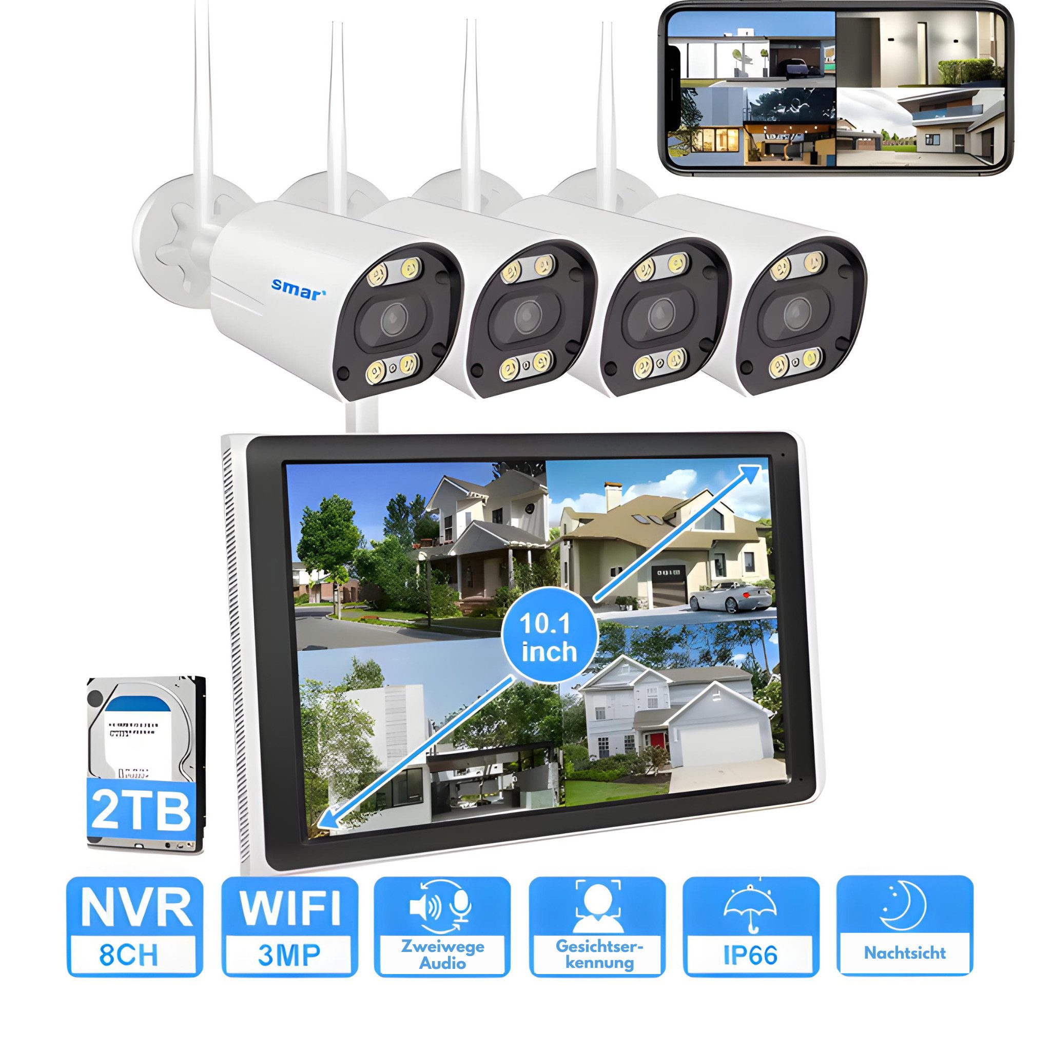 Smar IP-Überwachungskamera WLAN-Kamera-Set mit 3MP, Nachtsicht, Gesichtserkennung, NVR (Komplett-Set, Set, Bewegungs- & Gesichtserkennung, Nachtsicht in Farbe, Beleuchtung)