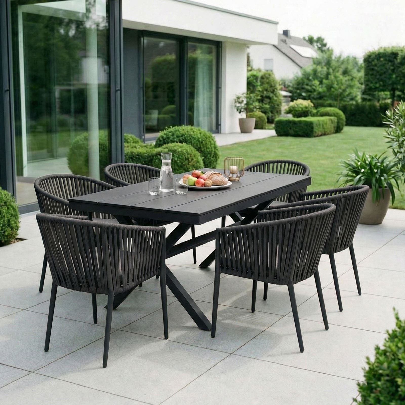 IDIMEX Garten-Essgruppe ISOLA, Gartenmöbel Set 6 Personen wetterfest aus Alu mit Rope Schwarz/Grau