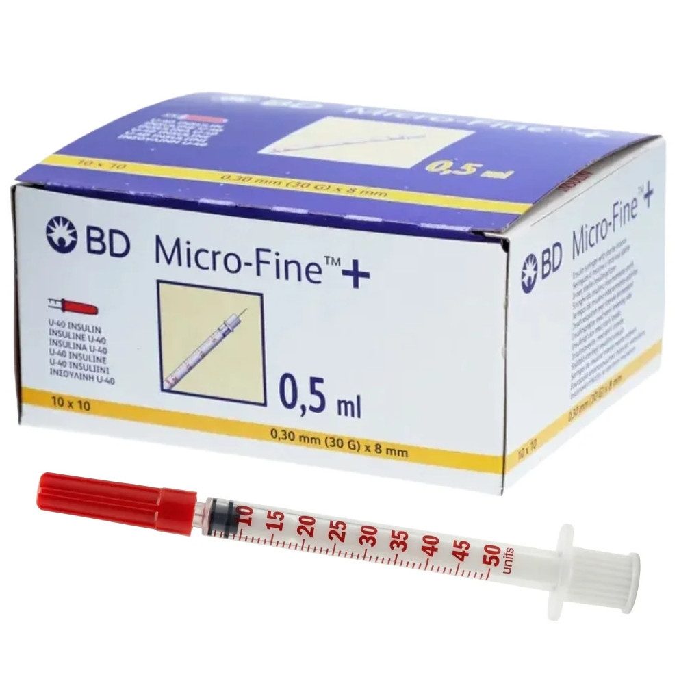 DocMed Feindosierspritze BD Micro-Fine+Insulinspritze 0,5 ml U40 0,3x8mm, (Spar-Set, Weltweiter Bestseller, 100-St., Steril verpackt), latexfrei – Bild 3 von 5