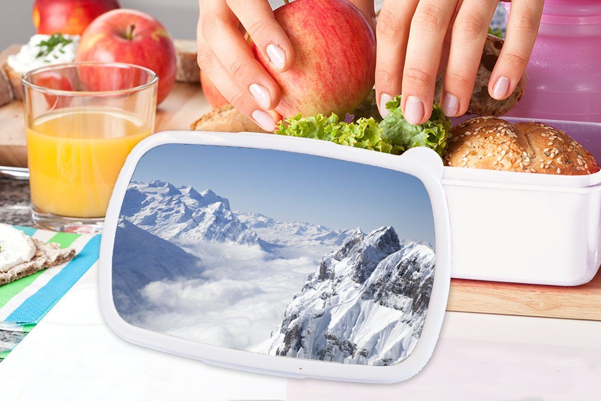 Brotdose, und (2-tlg), Erwachsene, Kunststoff, Schnee weiß für Lunchbox Brotbox MuchoWow und Berg, Alpen für - Kinder - Jungs Mädchen