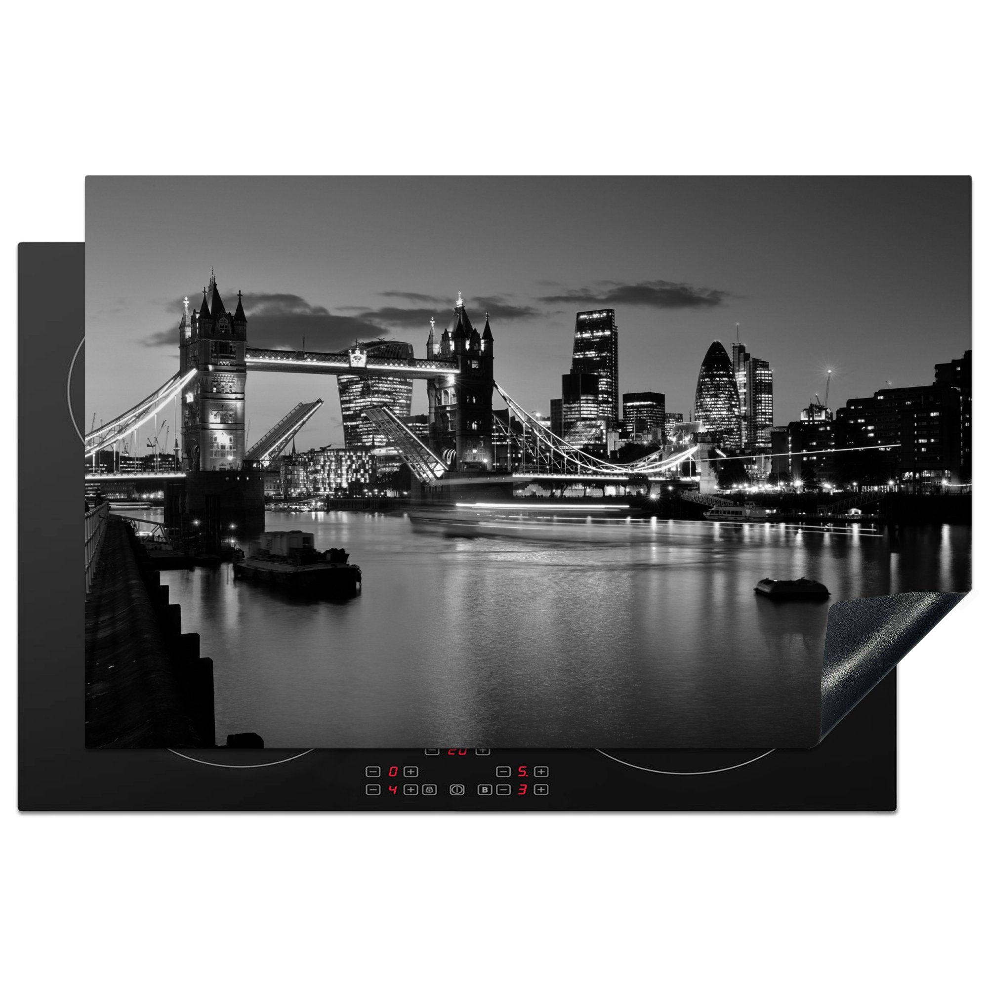 MuchoWow Herdblende-/Abdeckplatte Tower Bridge in London - schwarz und weiß, Vinyl, (1 tlg), 81x52 cm, Induktionskochfeld Schutz für die küche, Ceranfeldabdeckung