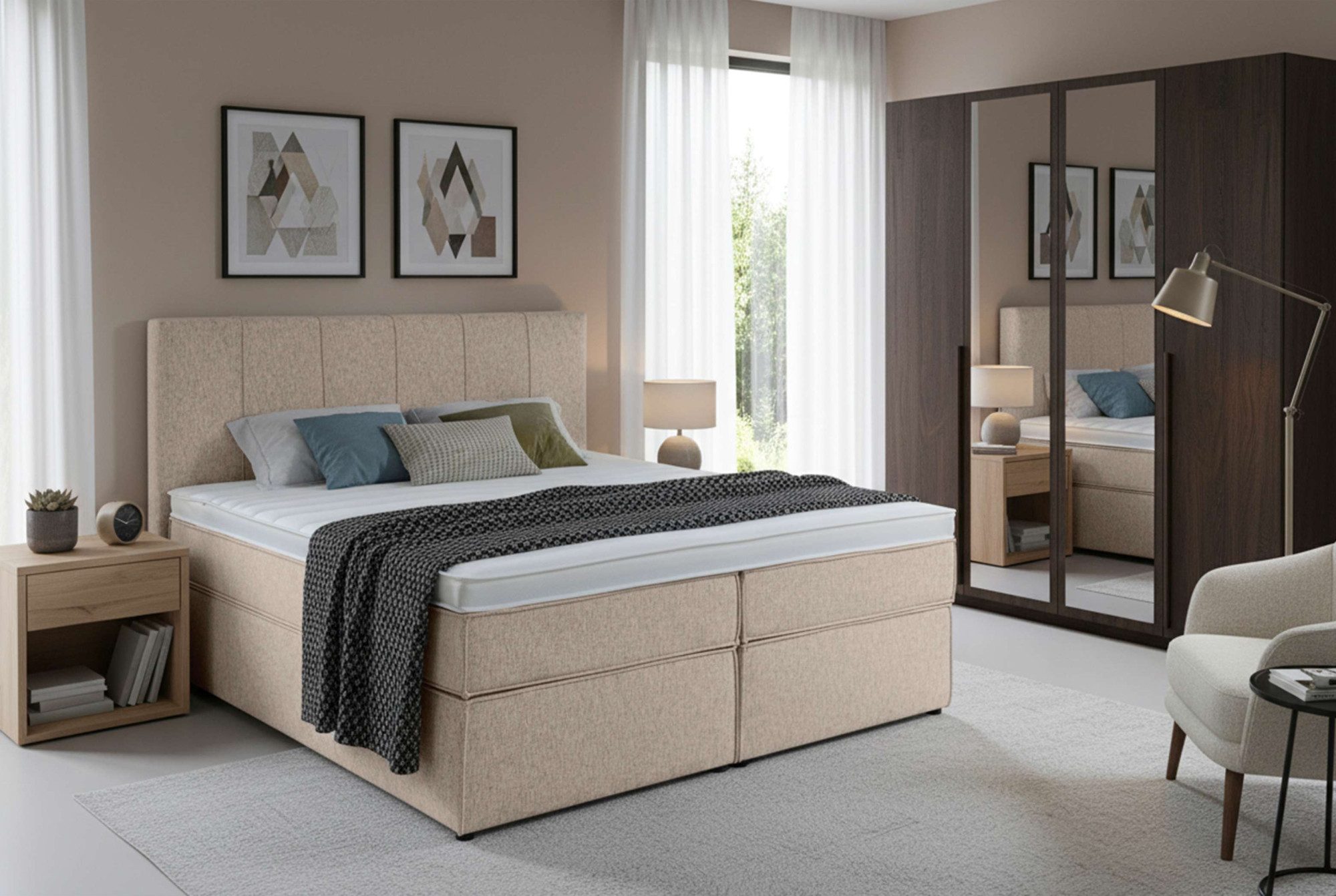 Home affaire Boxspringbett Leon, Doppelbett, Polsterbett, Federkernbett, Komfortbett, 160, 180 cm, inkl. 9 cm Topper, 5-Zonen-Taschen-Federkernmatratze in H3