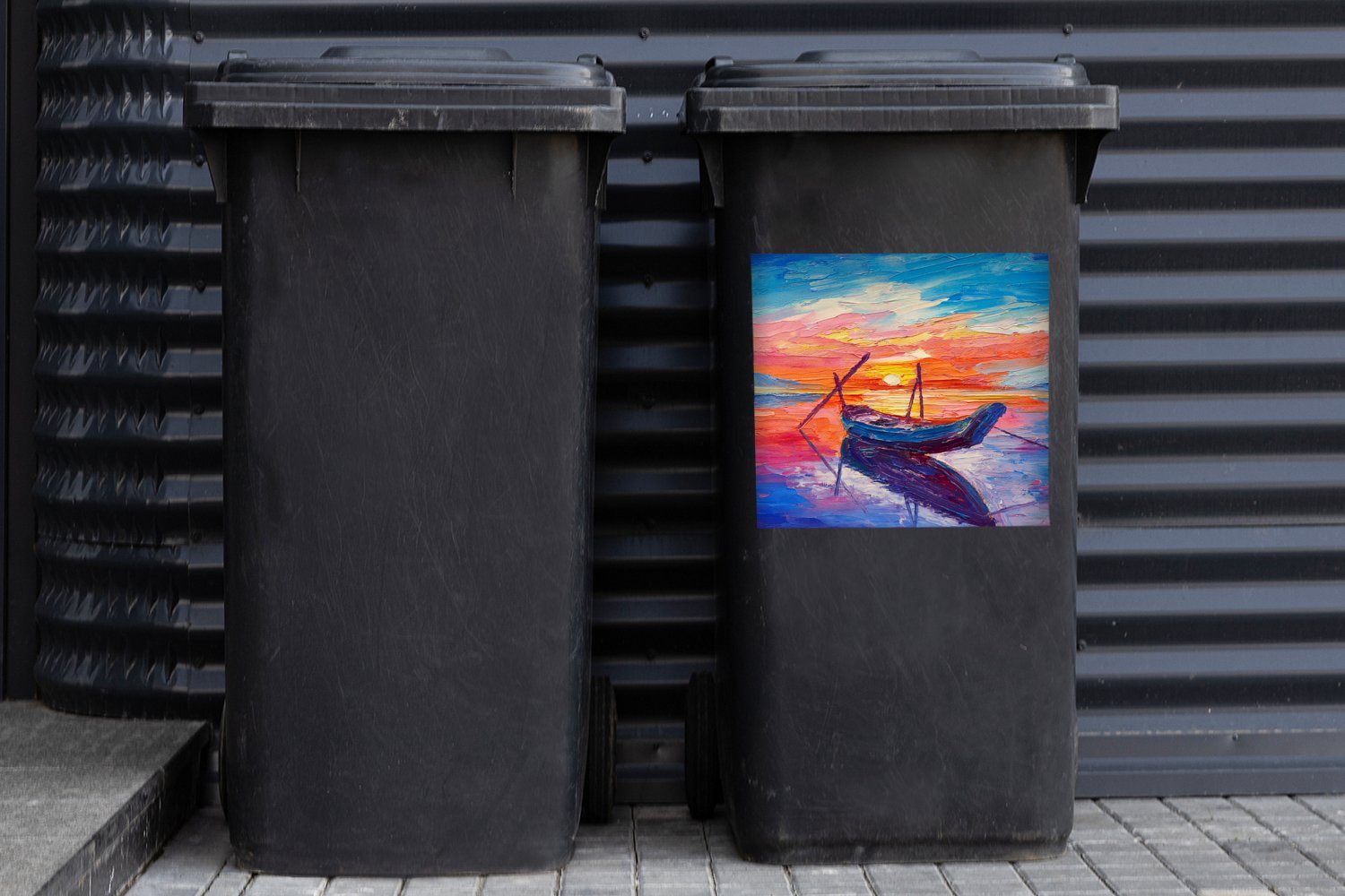 Abfalbehälter - Mülltonne, Wasser Ölfarbe Wandsticker Sticker, Container, - Mülleimer-aufkleber, (1 MuchoWow - Boot St), Malerei