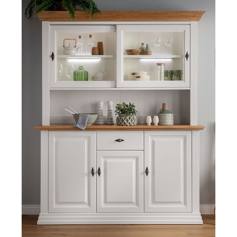 Lomadox Buffet ESBJERG-69 Kiefer weiß lackiert mit Eiche geölt, Landhausstil