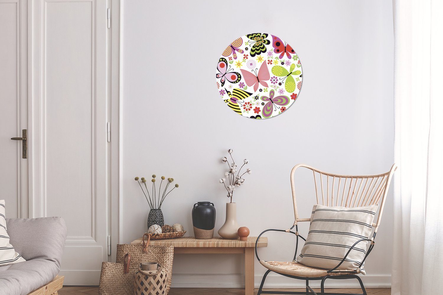 Forex, von (1 30x30 Rundes Blumen, MuchoWow Wohnzimmer, Wandbild, und Gemälde Wanddekoration cm St), Kreis Illustration Schmetterlingen Eine