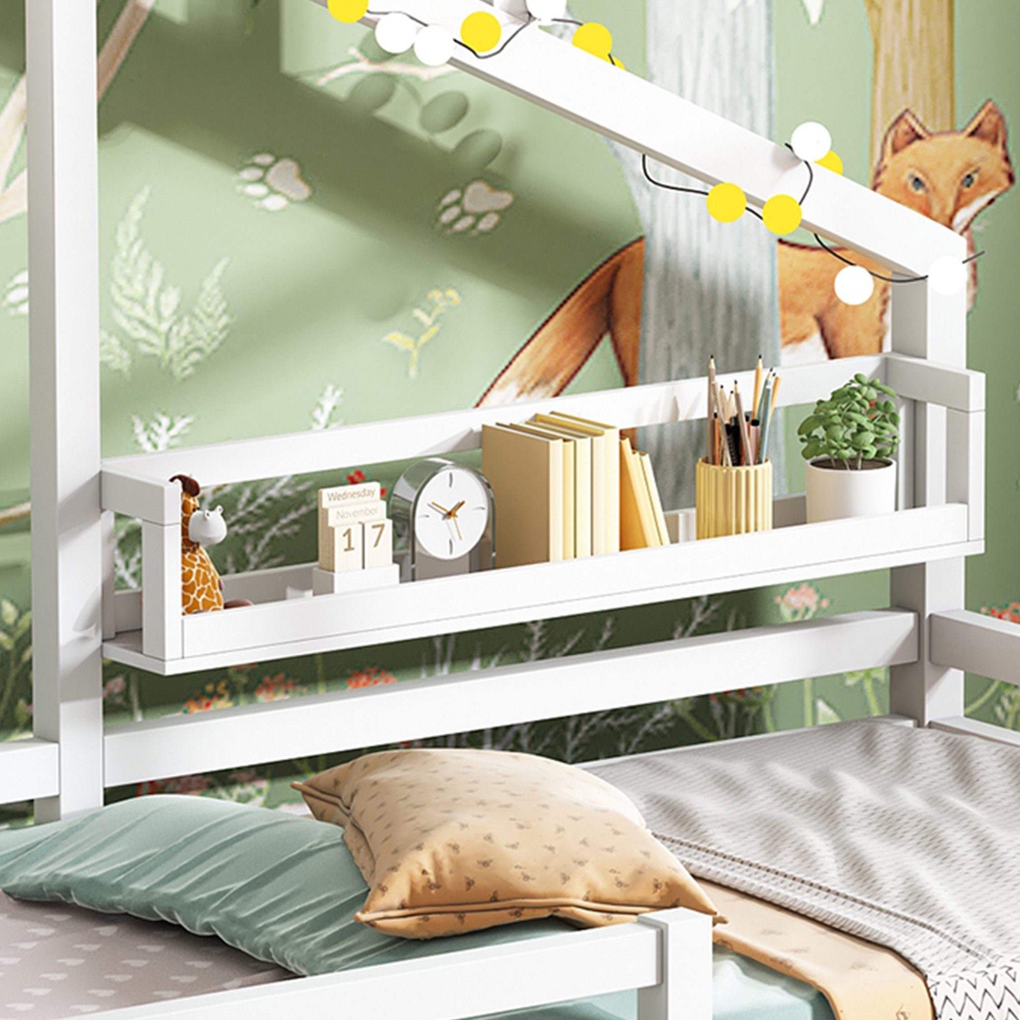 Regal, cm), Kinderbett Rausfallschutz inkl. mit SOFTWEARY (Hausbett 90x200 und Kiefer, Einzelbett aus Lattenrost Holzbett