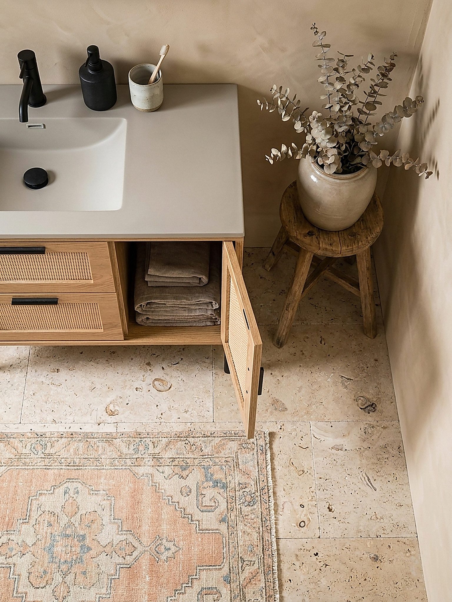KADIMA DESIGN Waschbeckenunterschrank Waschbeckenunterschrank Eiche-Optik 60x60x40 cm mit Tür und (Stehend, Badschrank Midischrank Klein Waschtisch) Schubladen, Badezimmerschrank mit Rattangeflecht, Unterschrank