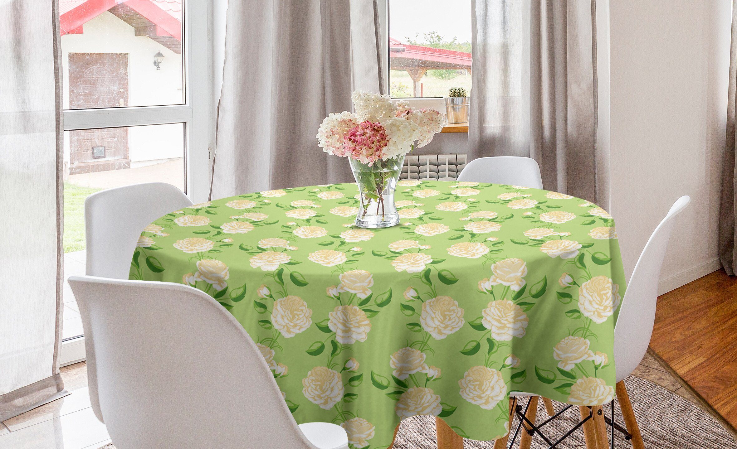 Tischdecke für Rose Küche Abdeckung Blumen Tischdecke Vintage gelbe Dekoration, Kreis Frische Esszimmer Abakuhaus