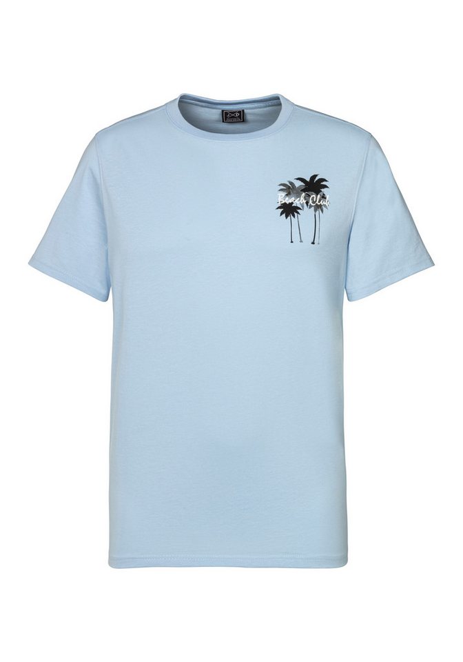 Beachtime T-Shirt, sommerliches Shirt mit modischem Palmen Print Regular-Fit, mit kleinem Print vorn und großem Print hinten