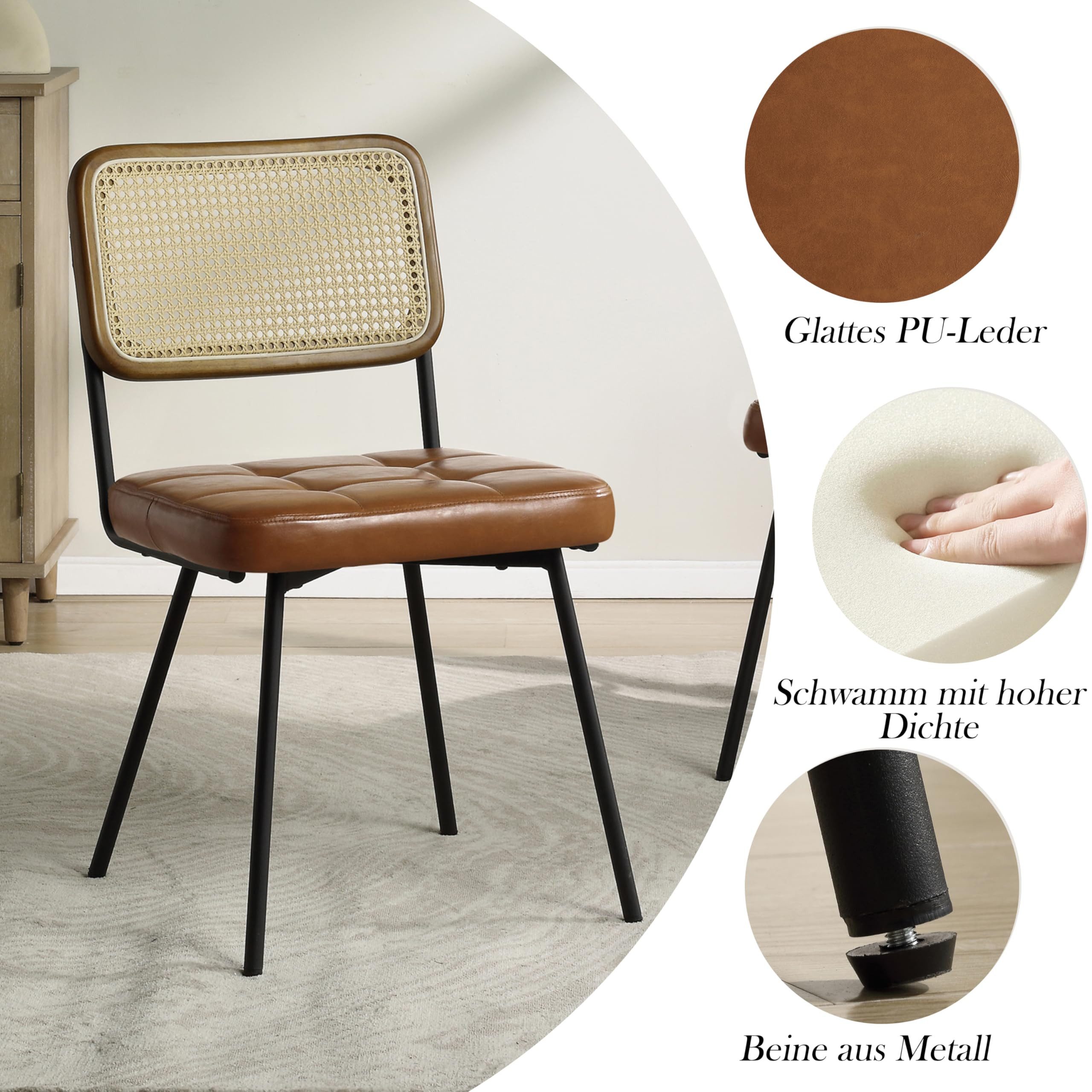 Art Leon Esszimmerstuhl CC061 (Rattan Esszimmerstühle 2er Set Mid Century Moderne Esszimmerstühle Farbe in Grün/Beige/Gelbbraun), Rattan Cane Küchenstuhl mit schwarzen pulverbeschichteten Metallbeinen