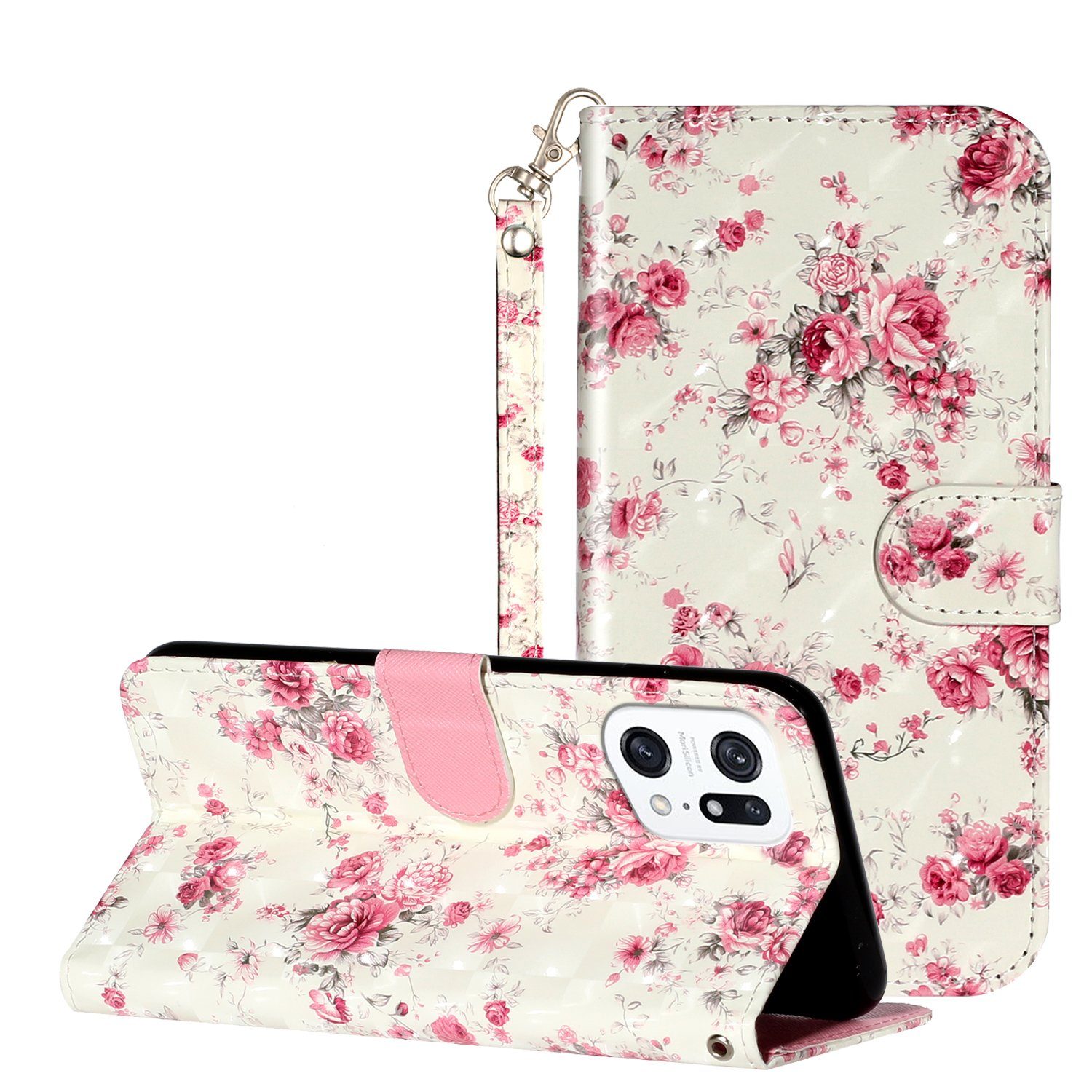 CLM-Tech Handytasche Hülle für Oppo Find X5 Pro Tasche aus Kunstleder Klapphülle (Rosen Muster, Handyhülle Wallet Flip Case Cover Etui), Standfunktion, Kartenfächer, Magnetverschluss