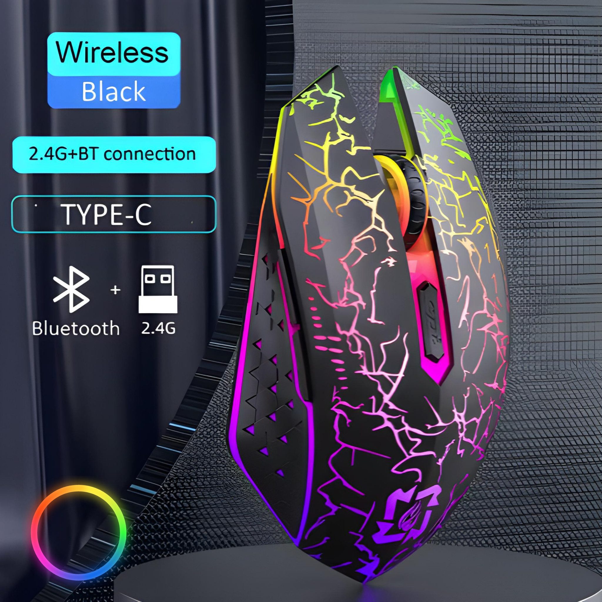 HS.SUPPLY RGB Gaming Maus wireless, Leise & aufladbar Gaming-Maus (Bluetooth, Funk, Einstellbare DPI-Auflösung, RGB Beleuchtung, 6 Tasten)
