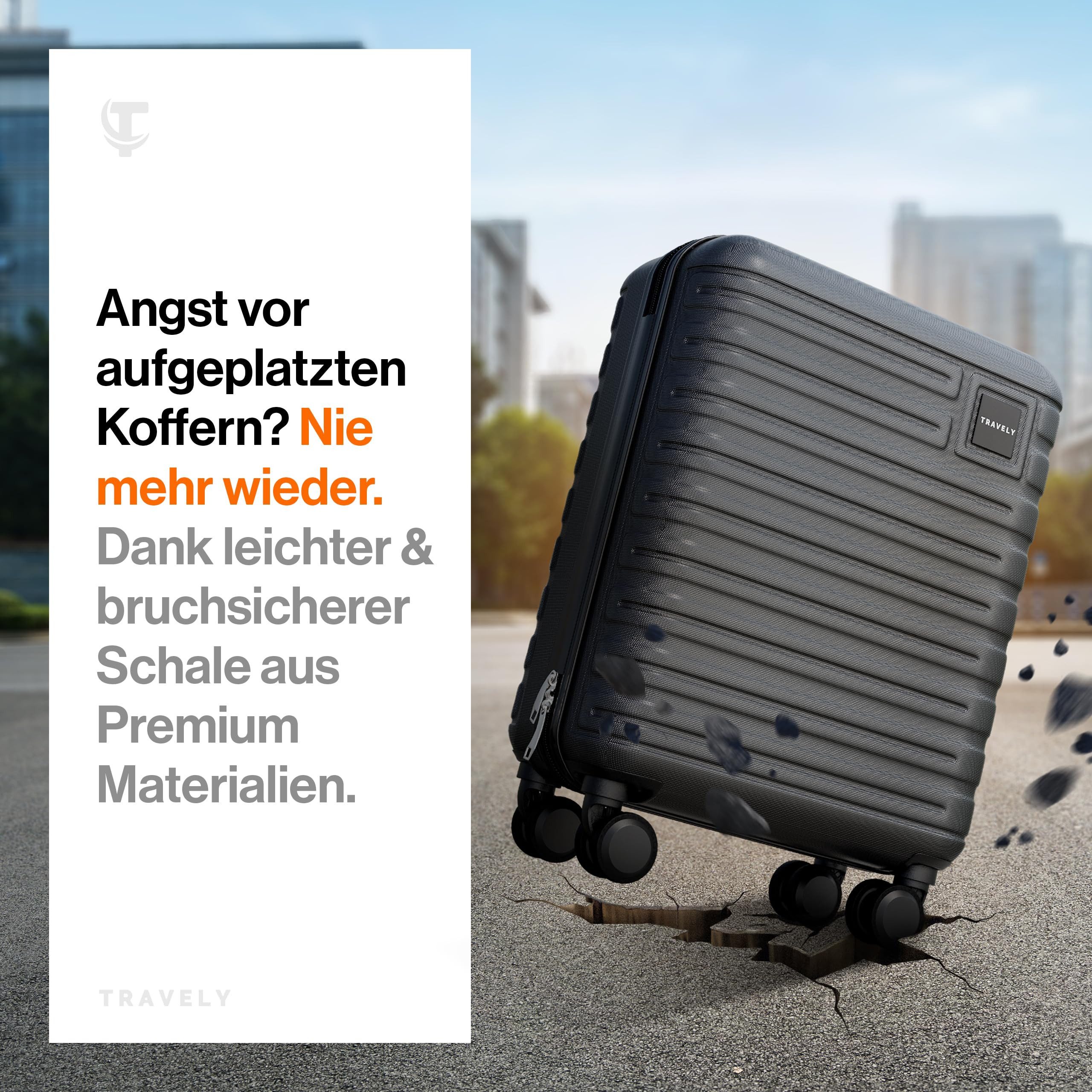 Travely Koffer Polycarbonat Handgepäck Koffer 55x40x20cm - für Ryanair Lufthansa etc, 4 Rollen, Designed in Germany, austauschbare Griffe und Rollen