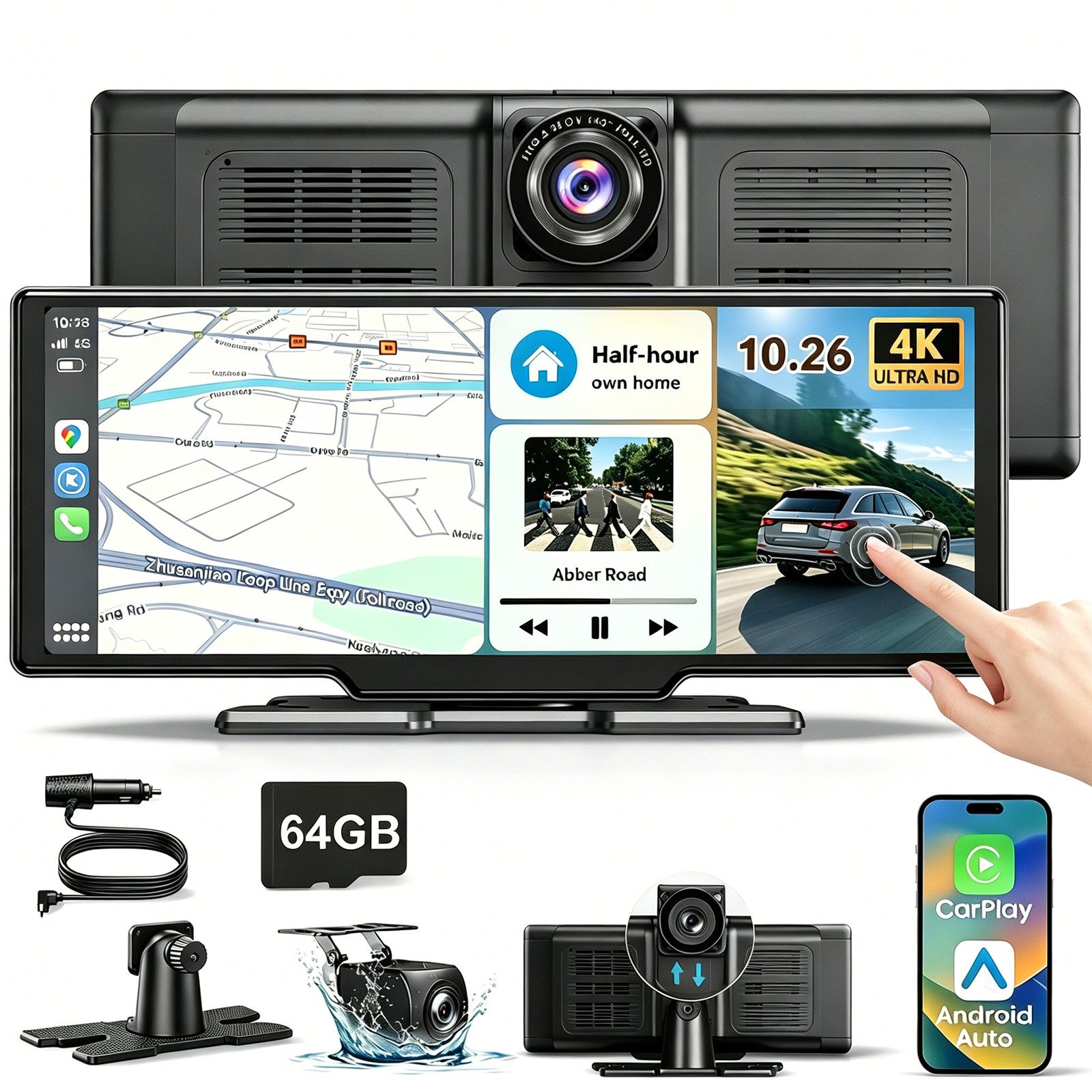 ESSGOO 4K 10.26'' Wireles Carplay Android Auto AutoRadio GPS Bluetooth 5.0 Navigationsgerät (64GB Rom TF Card WiFi,4K-Frontkamera/10.26" IPS Bildschirm(1600*600)