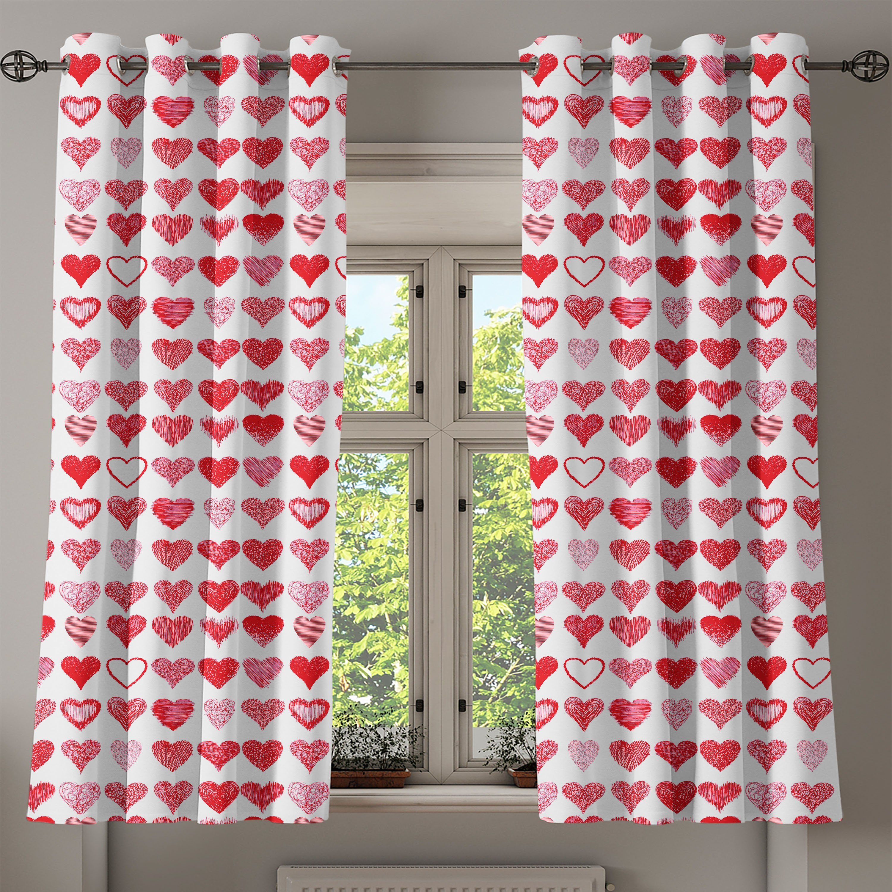 Herzen Gardine Valentinstag für 2-Panel-Fenstervorhänge Wohnzimmer, Romantische Schlafzimmer Abakuhaus, Dekorative