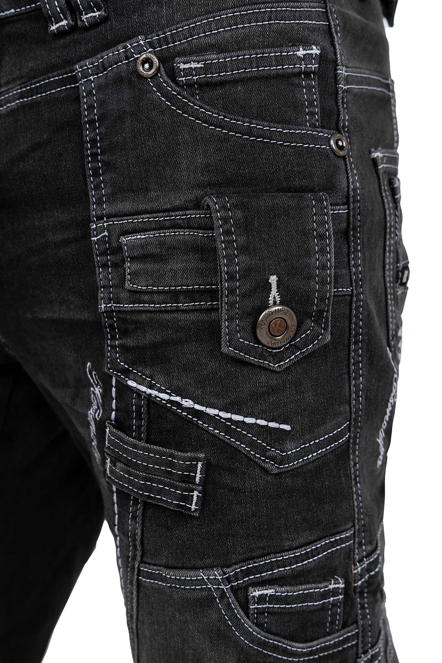 und Auffällige Lupo Verzierungen 5-Pocket-Jeans mit Nieten Hose Herren grau BA-KM001 Kosmo