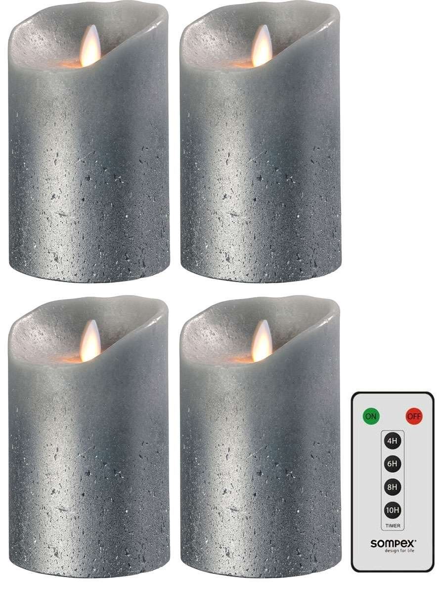 SOMPEX LED-Kerze »4er Set Flame LED Kerzen grau metallic 12,5cm« (Set,  5-tlg., 4 Kerzen, Höhe 12,5cm, Durchmesser 8cm, 1 Fernbedienung),  fernbedienbar, integrierter Timer, Echtwachs, täuschend echtes Kerzenlicht,  optimales Set für den Adventskranz