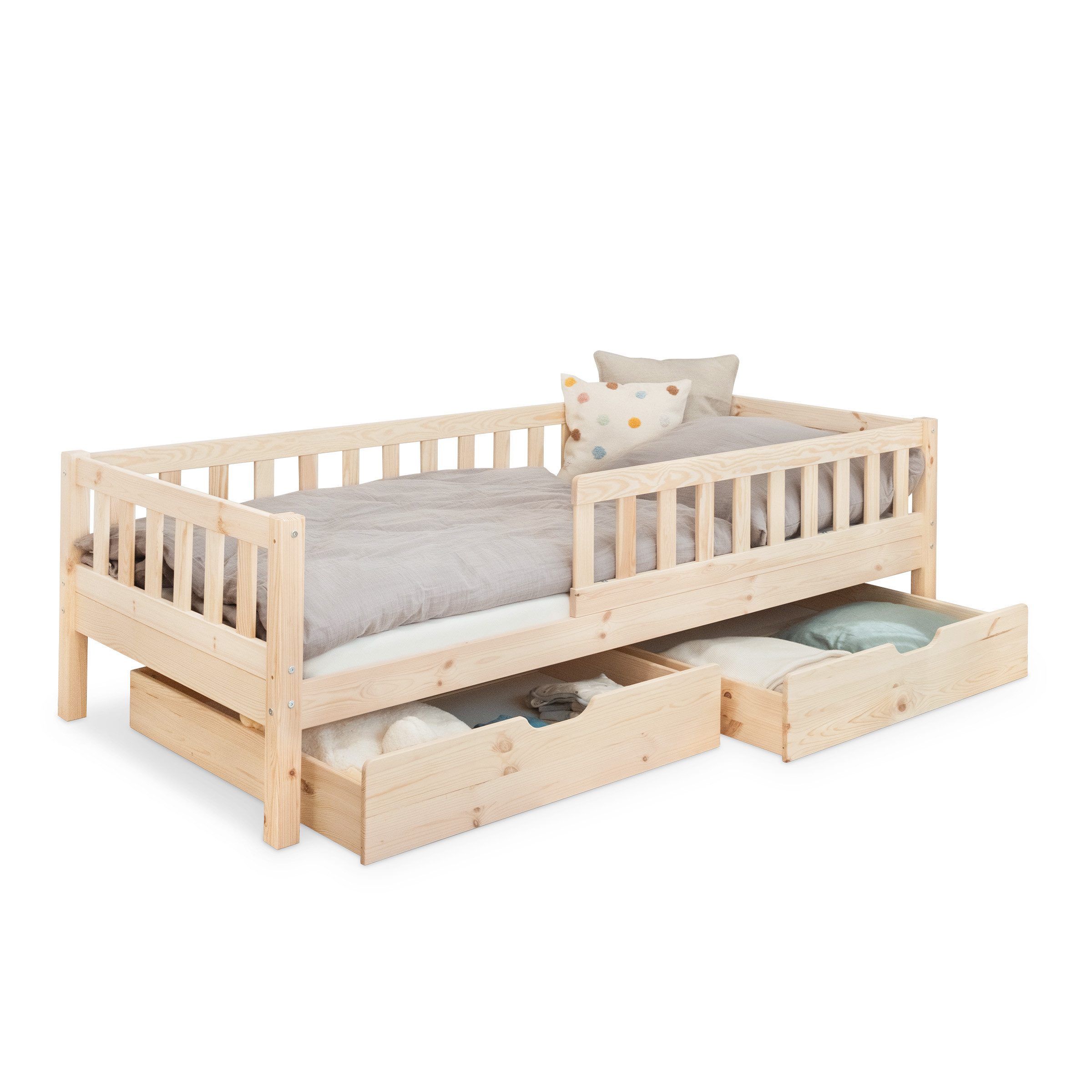 Ehrenkind Kinderbett Lille aus massivem Kieferholz inkl. Rollrost und Rausfallschutz (90x200 cm Natur, 2-in-1 Aufbau als Bodenbett oder Kinderbett in Standardhöhe), flexibler Rausfallschutz beidseitig montierbar