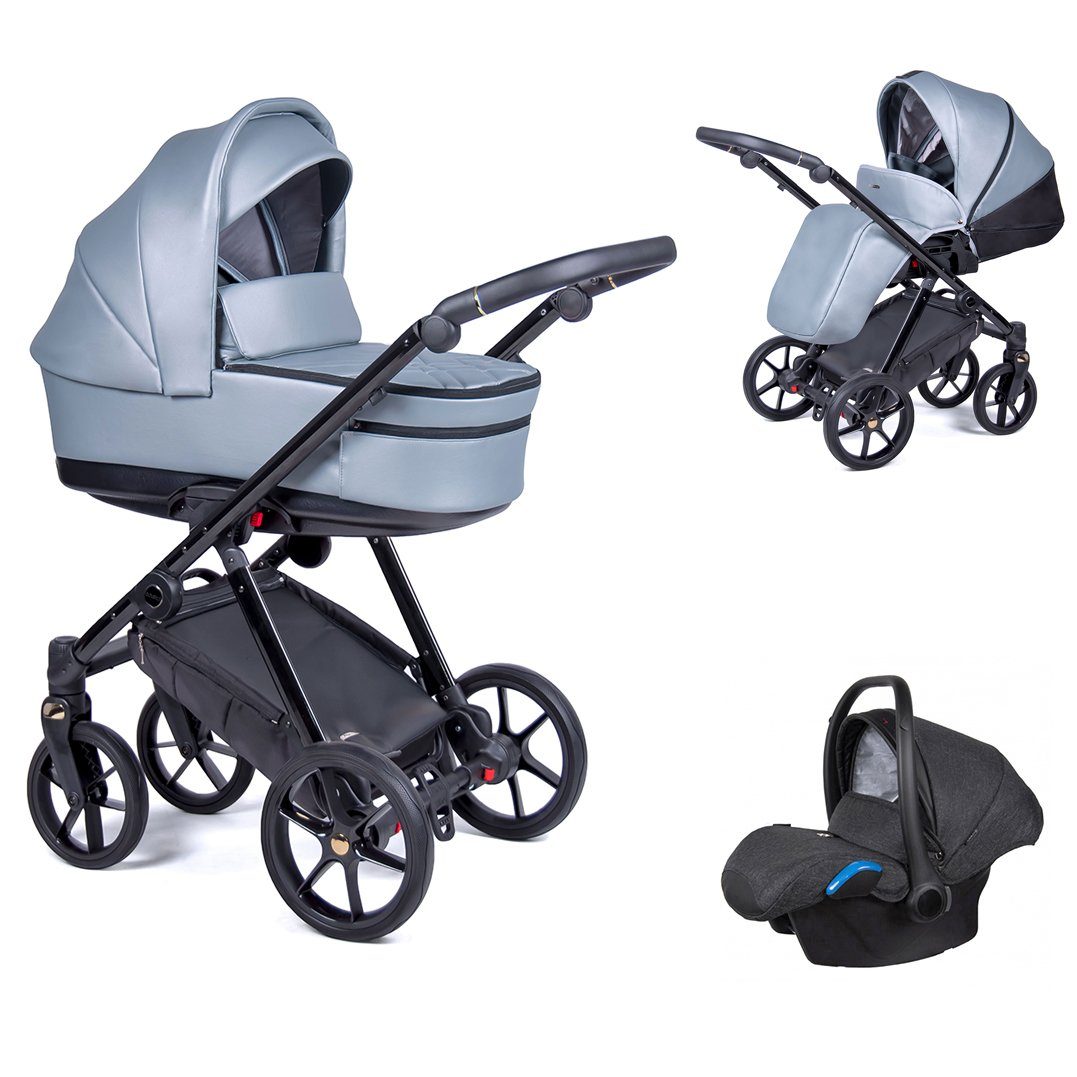 12 Kinderwagen-Set schwarz in 15 - babies-on-wheels - Premium Designs 3 Gestell Axxis Oceanblau = Teile in Kombi-Kinderwagen 1