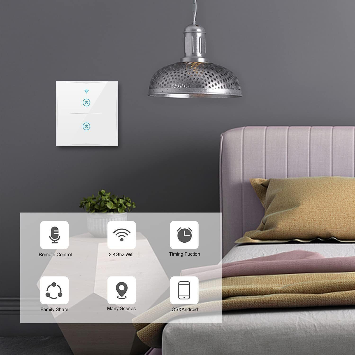 Alexa Assistant KESSMANN Timer kompatibel Smart Home Touch Google 4x Schalter mit 2-Weg Lichtschalter Glas Wifi Wandschalter Smarter funk LED WLAN Lichtschalter, Wireless
