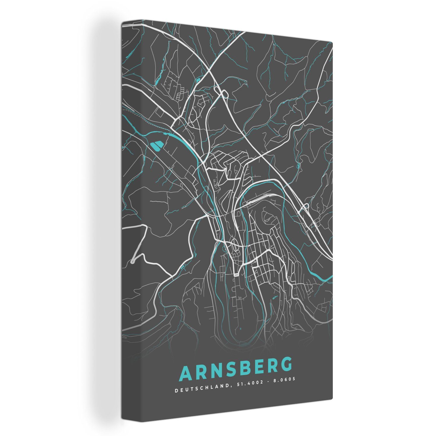 OneMillionCanvasses® Leinwandbild - Arnsberg fertig St), Deutschland, Stadtplan cm Karte Gemälde, - Leinwandbild - - (1 Blau inkl. 20x30 bespannt Zackenaufhänger,