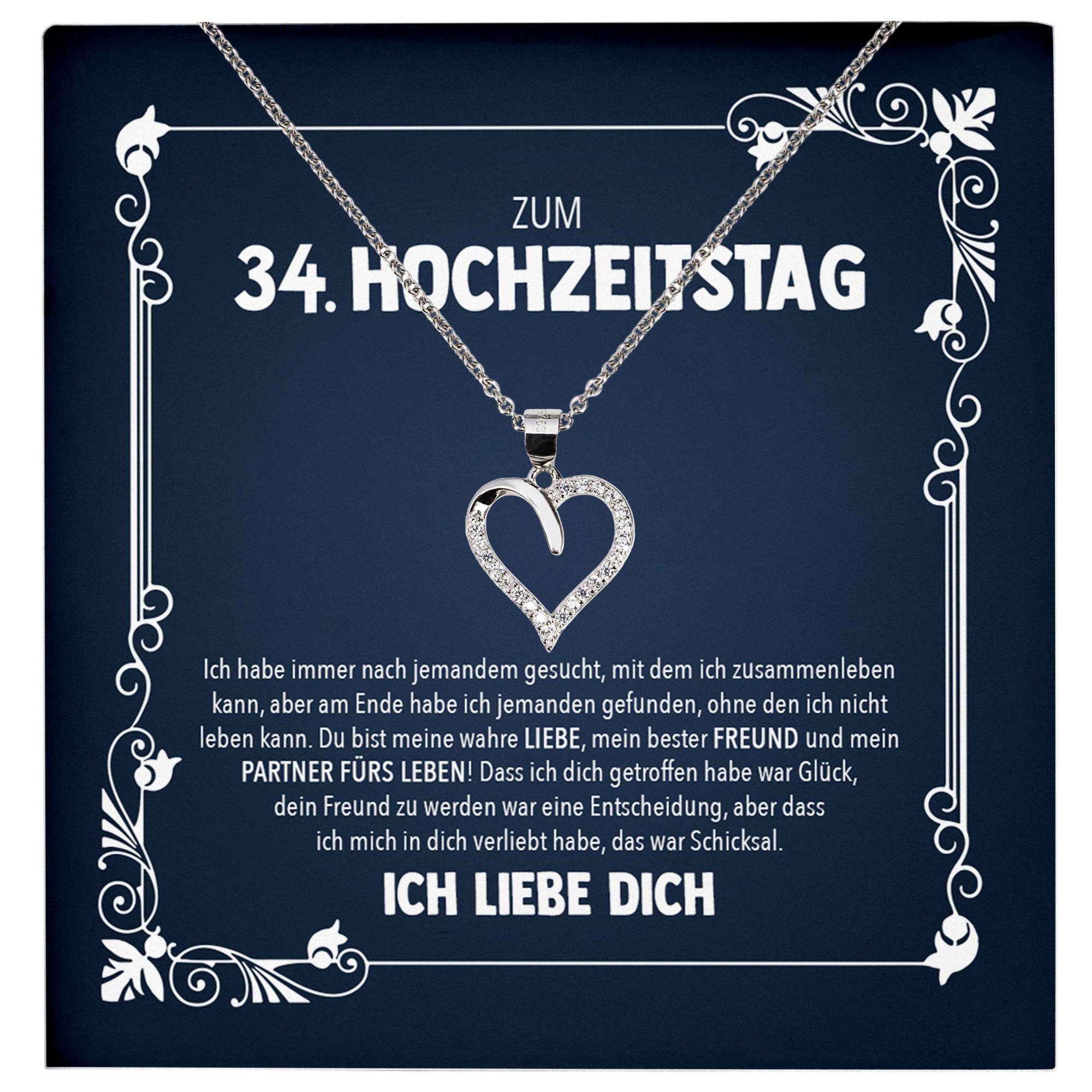 Valentinstagsgeschenk 22Feels Schmuckset Ehefrau 34. Hochzeitstag Geschenk Ich Liebe Dich Damen Herz Halskette, Echt-Silber 925/000, Karte Made In Ger