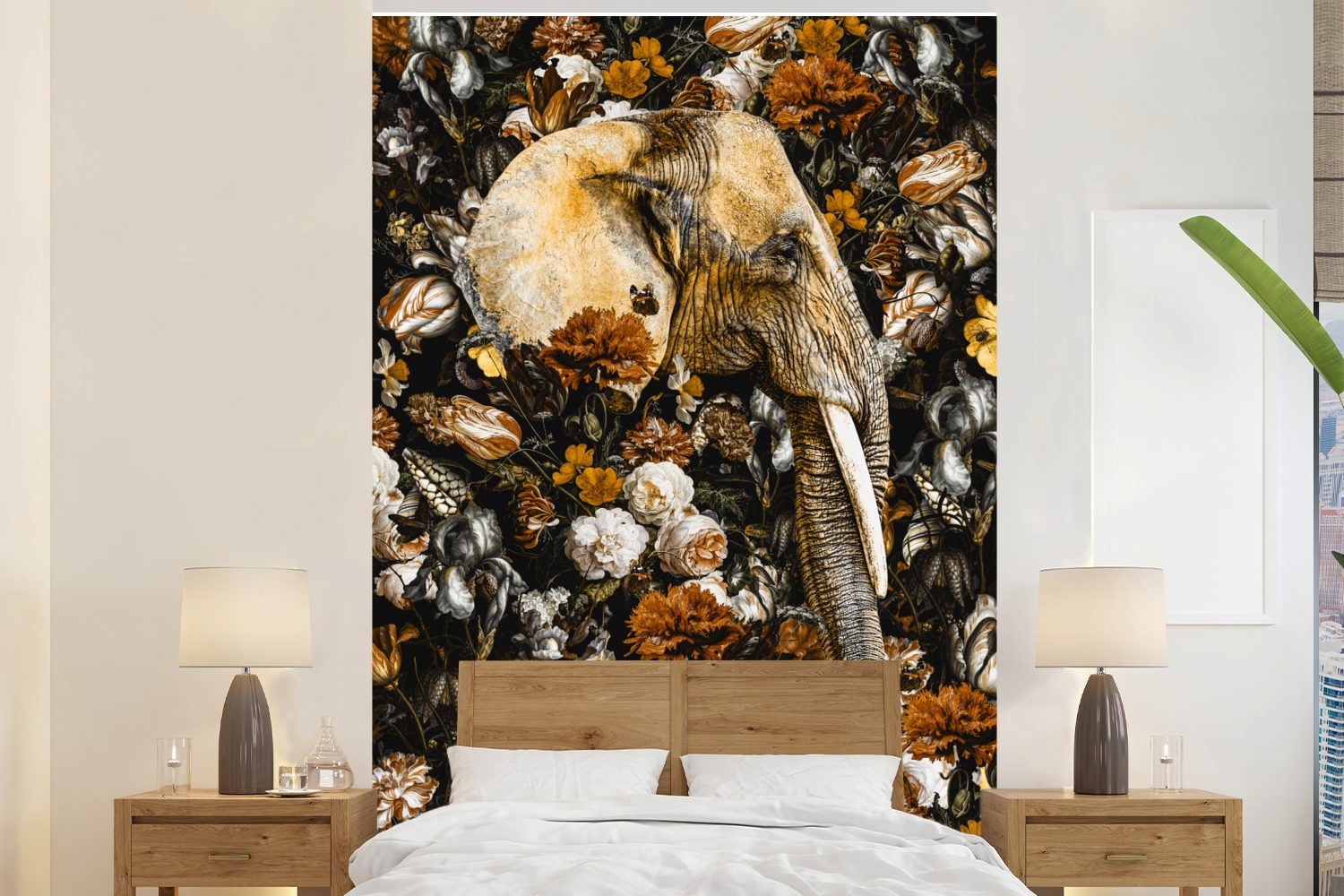 - Tapete (3 Wandtapete MuchoWow Wohnzimmer, bedruckt, Vinyl Blumen Montagefertig für Fototapete Braun, Elefant Matt, St), -