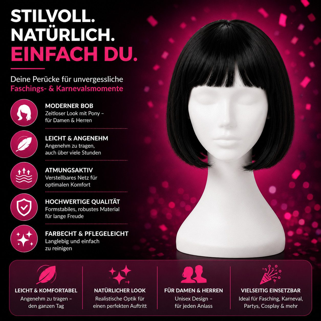 TK Gruppe Kostüm-Perücke Bob Wig Kurzhaarperücke Retro – für Fasching & Karneval