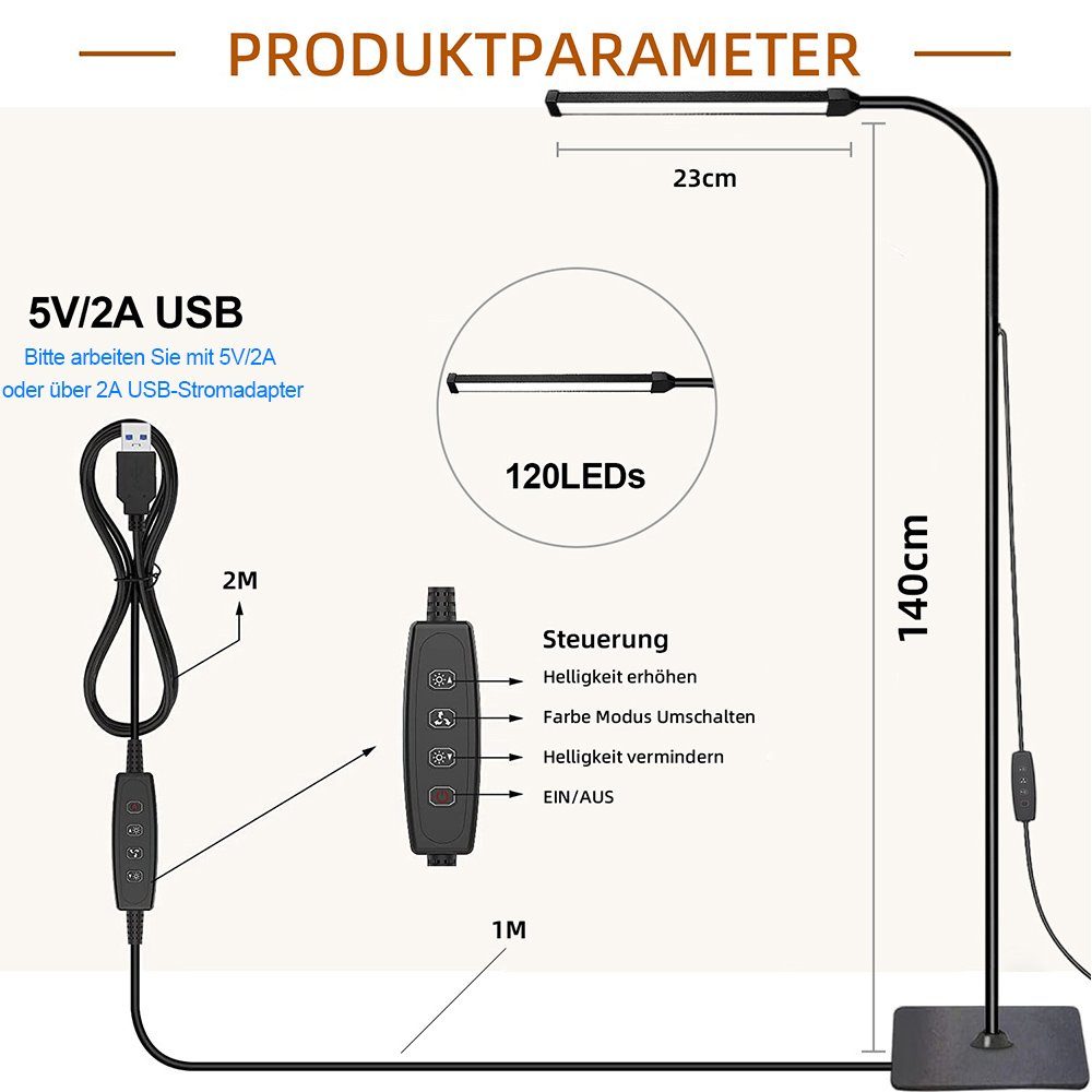 LED Stehlampe & Dimmbar Stehlampe Einstellbar, Farbtemperatur, Flexibler USB-Stecker,360° Helligkeit LED und Farbtemperatur Hals,Schwarz Helligkeit MUPOO Drehbarer Einstellbare