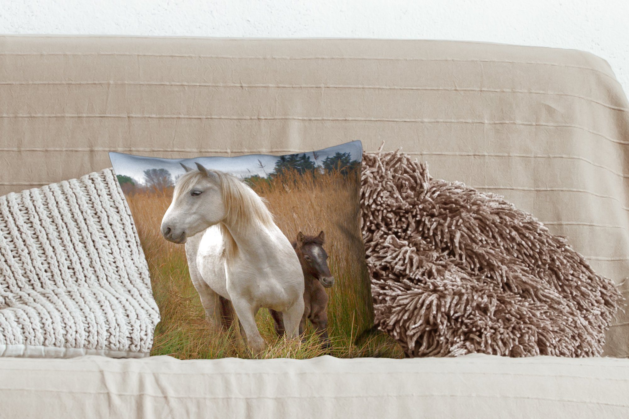 Dekokissen Pferde - mit Weiß, Deko, Zierkissen - Sofakissen Wohzimmer, Fohlen Füllung Schlafzimmer, für MuchoWow