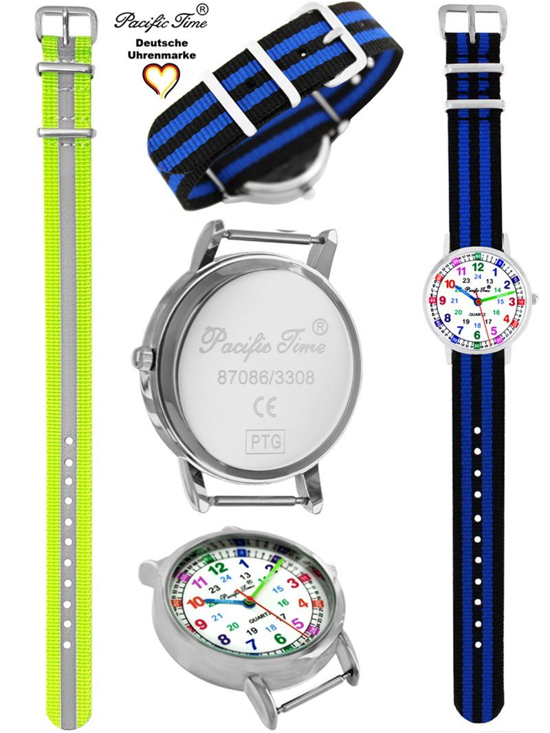 Pacific Time Quarzuhr Set Wechselarmband, Armbanduhr Lernuhr Design schwarz Versand Reflektor Match gestreift und - Gratis gelb Mix blau Kinder