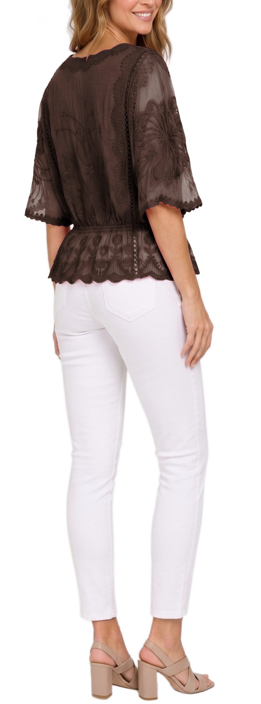 dy_mode Spitzenbluse Damen Sommerbluse mit Spitze Kurzarm Oberteil Einfarbig Transparent in Unifarbe, transparenten Ärmel