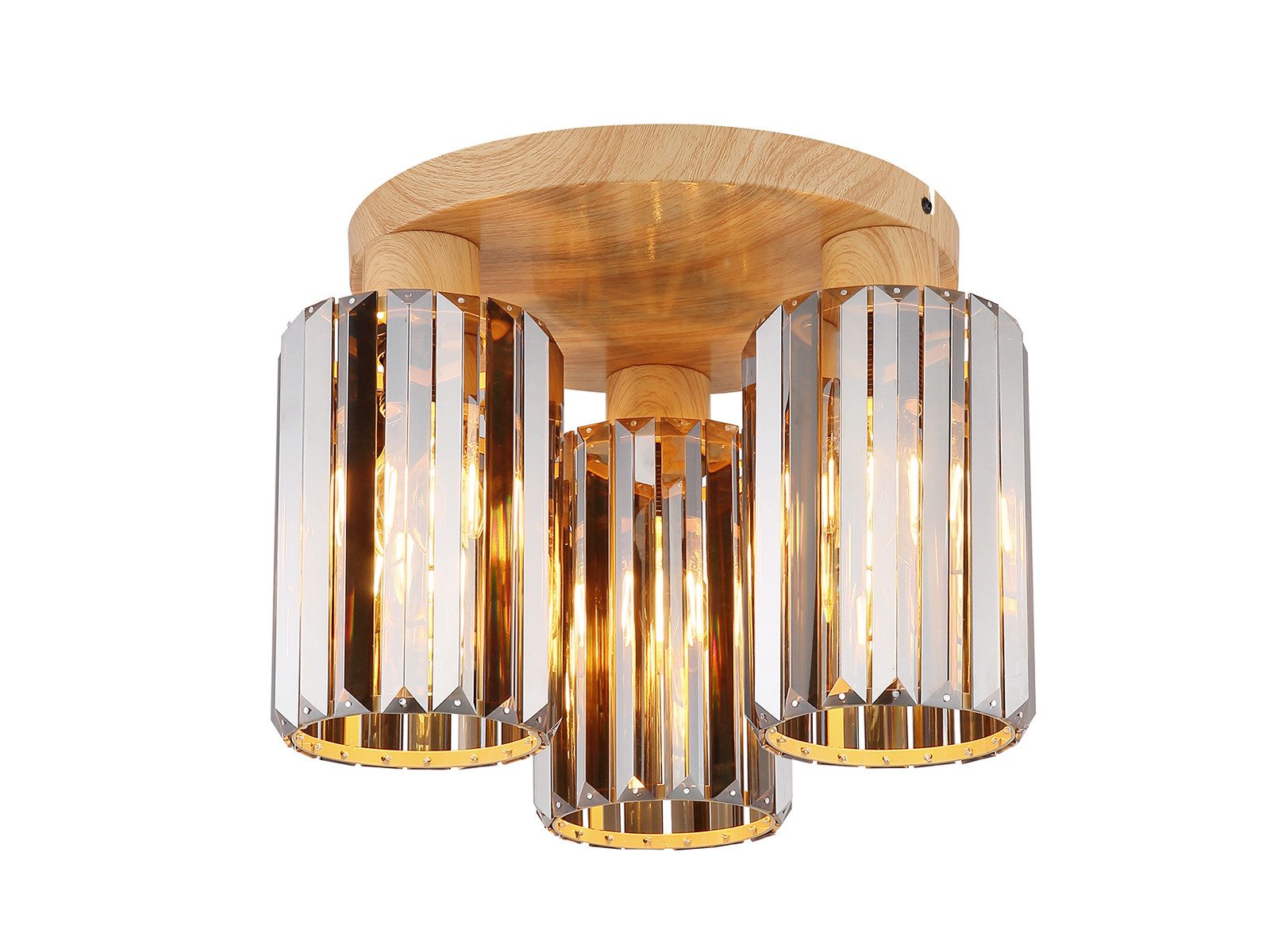 NOWA LED Deckenleuchte 3 Schirme mit Rauchglas Kristall Ø 35cm, Dimmfunktion, LED wechselbar, Warmweiß, ausgefallene Deckenleuchte 3-flammig, Baldachin Metall in Holzoptik