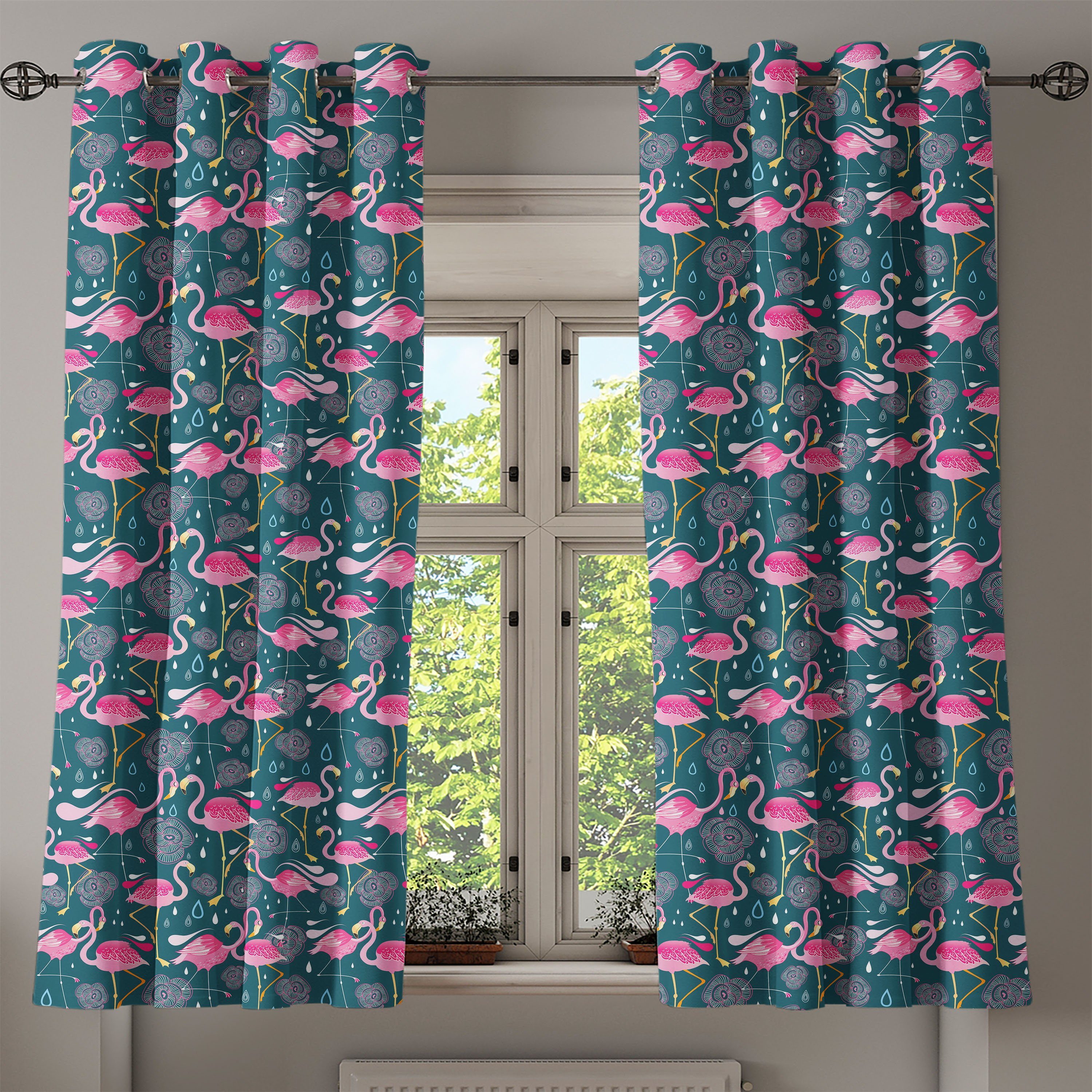 Gardine Dekorative 2-Panel-Fenstervorhänge für Abakuhaus, Exotischer Flamingos Wohnzimmer, Schlafzimmer Vogel-Muster